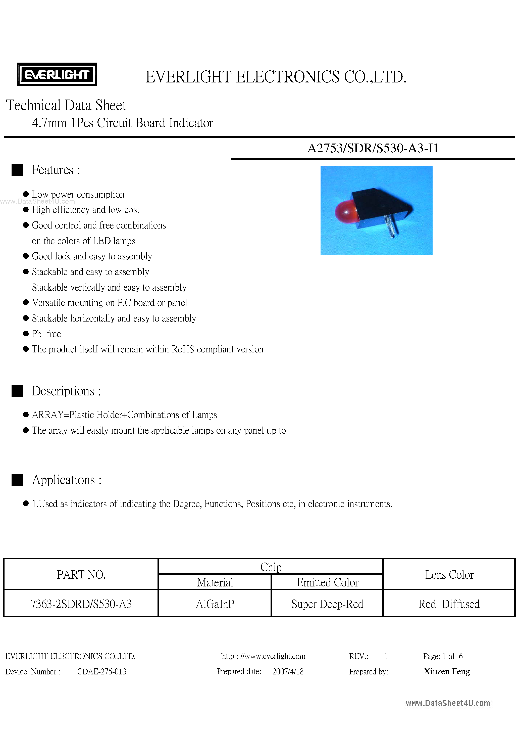Datasheet A2753-SDR-S530-A3-I1 - 4.7mm 1Pcs Circuit Board Indicator page 1