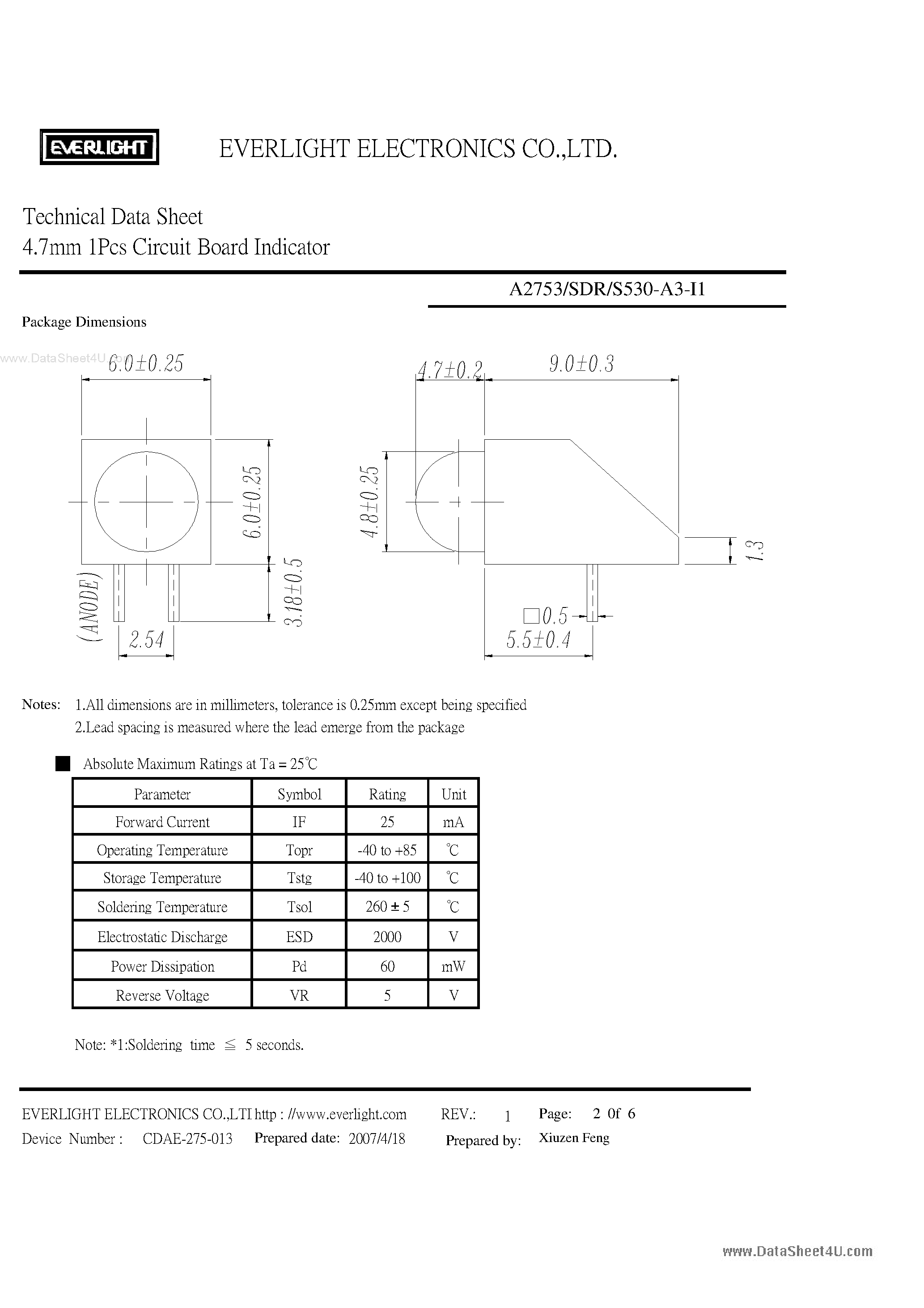 Datasheet A2753-SDR-S530-A3-I1 - 4.7mm 1Pcs Circuit Board Indicator page 2