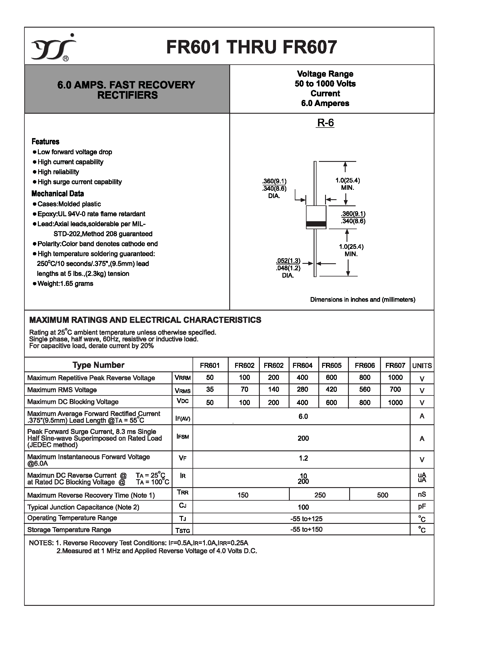 Datasheet FR601 - (FR601 - FR607) 6.0 AMPS. FAST RECOVERY RECTIFIERS page 1