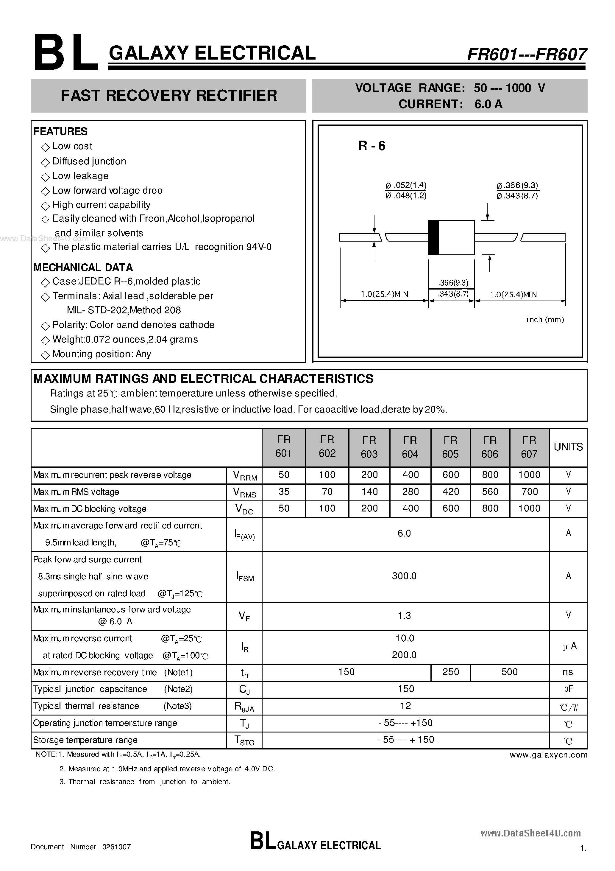 Datasheet FR601 page 1 Datasheet FR601 - (FR601 - FR607) FAST RECOVERY RECTIFIER page 1