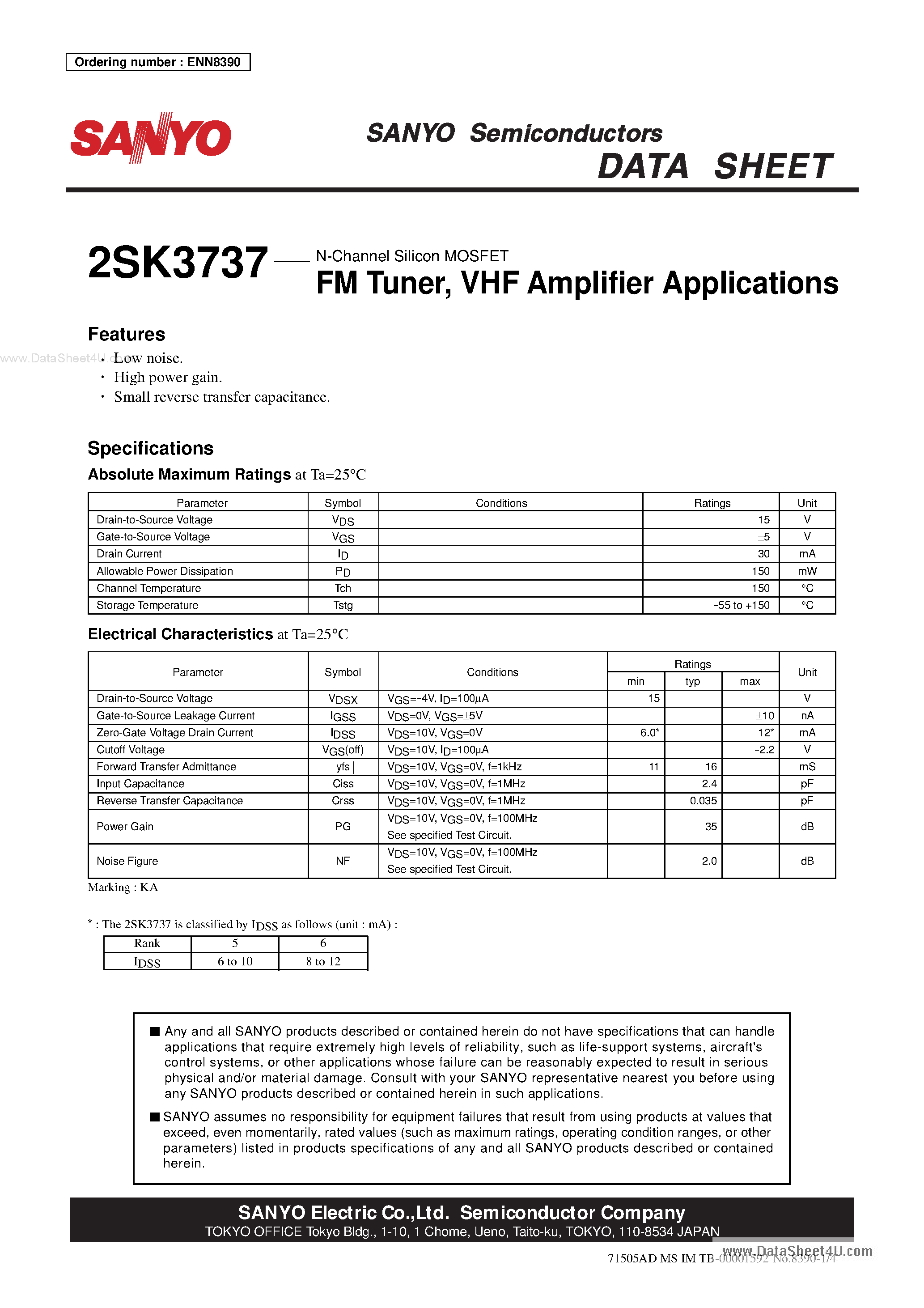 Datasheet 2SK3737 - VHF Amplifier Applications page 1