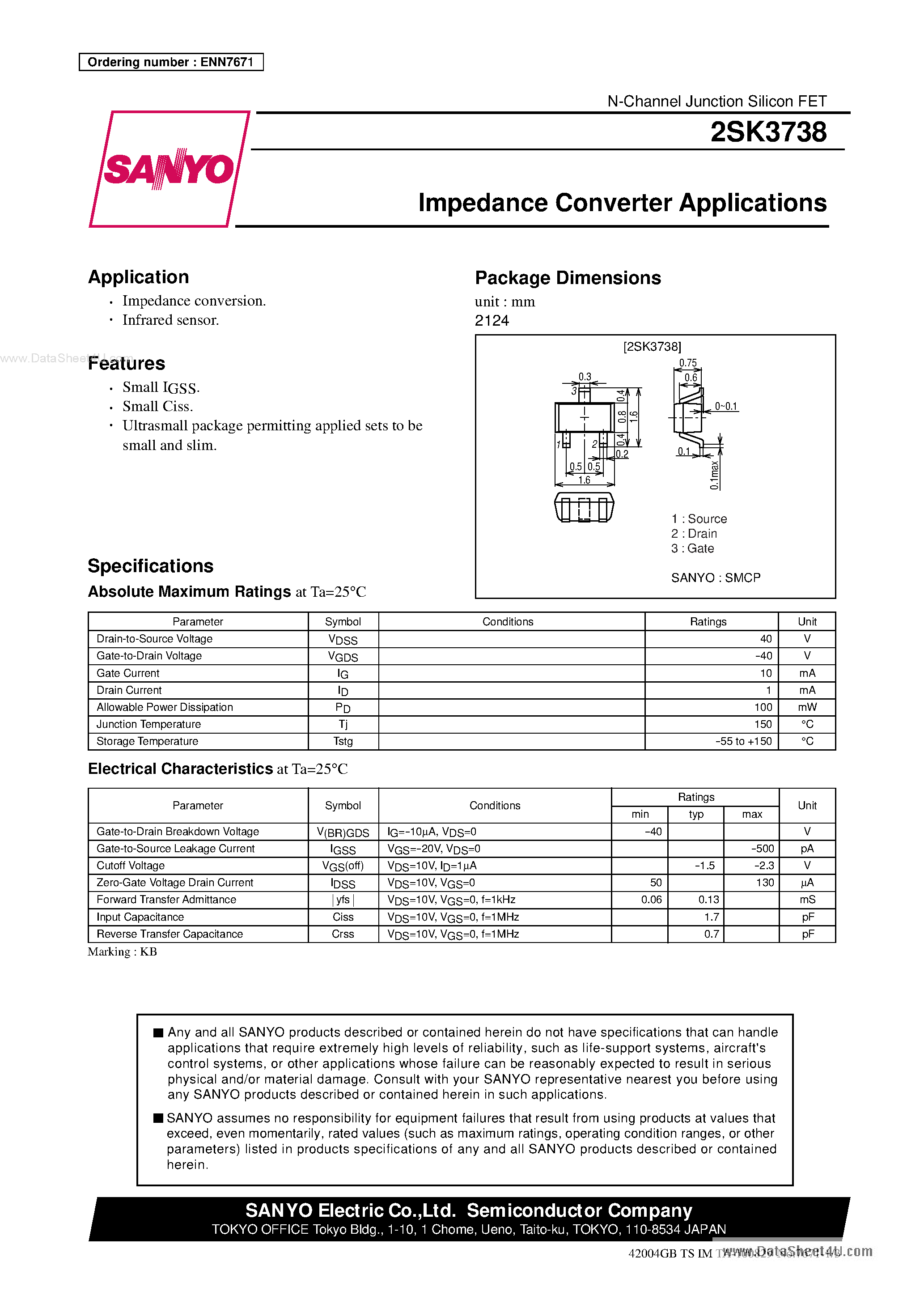 Datasheet 2SK3738 - Impedance Converter Applications page 1