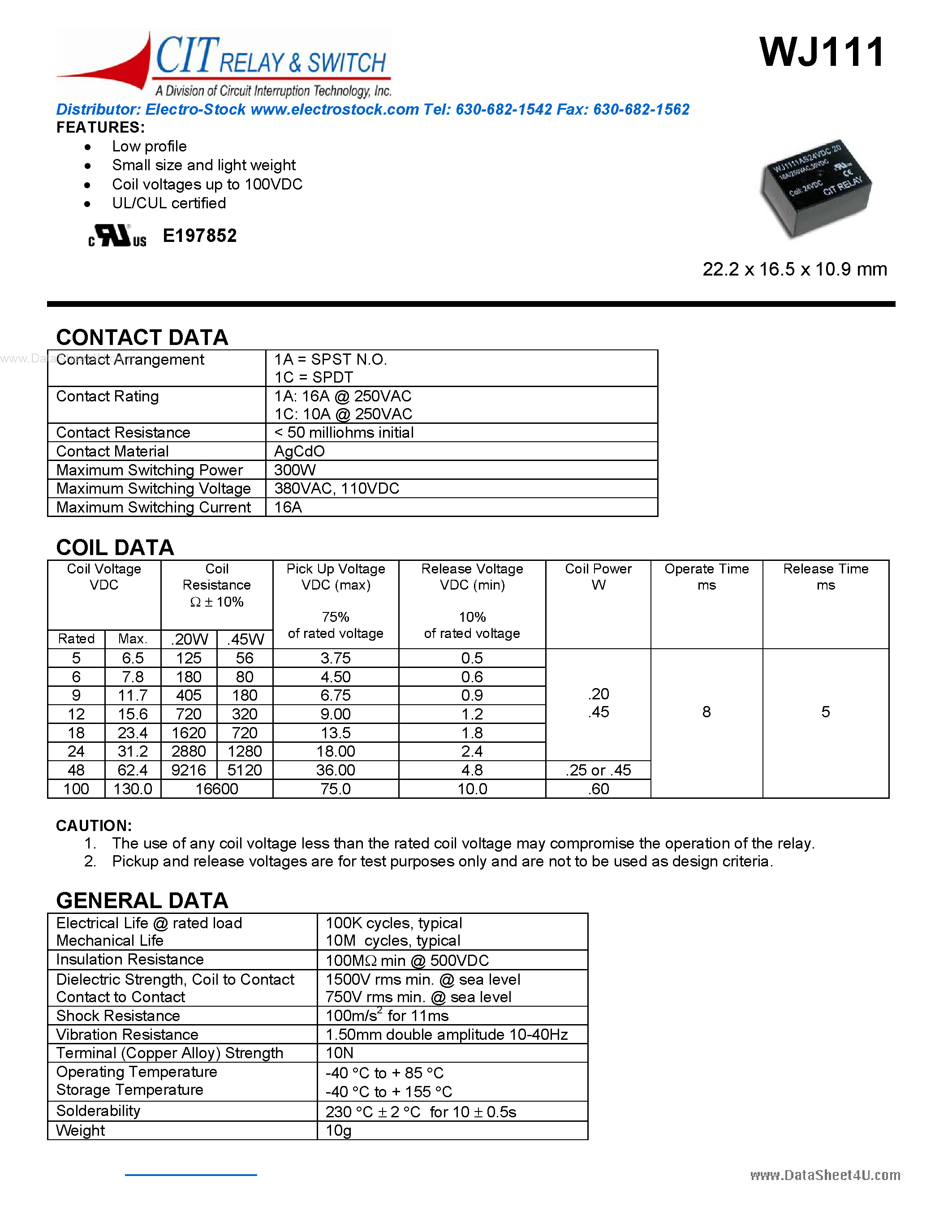 Datasheet WJ111 - CIT SWITCH page 1