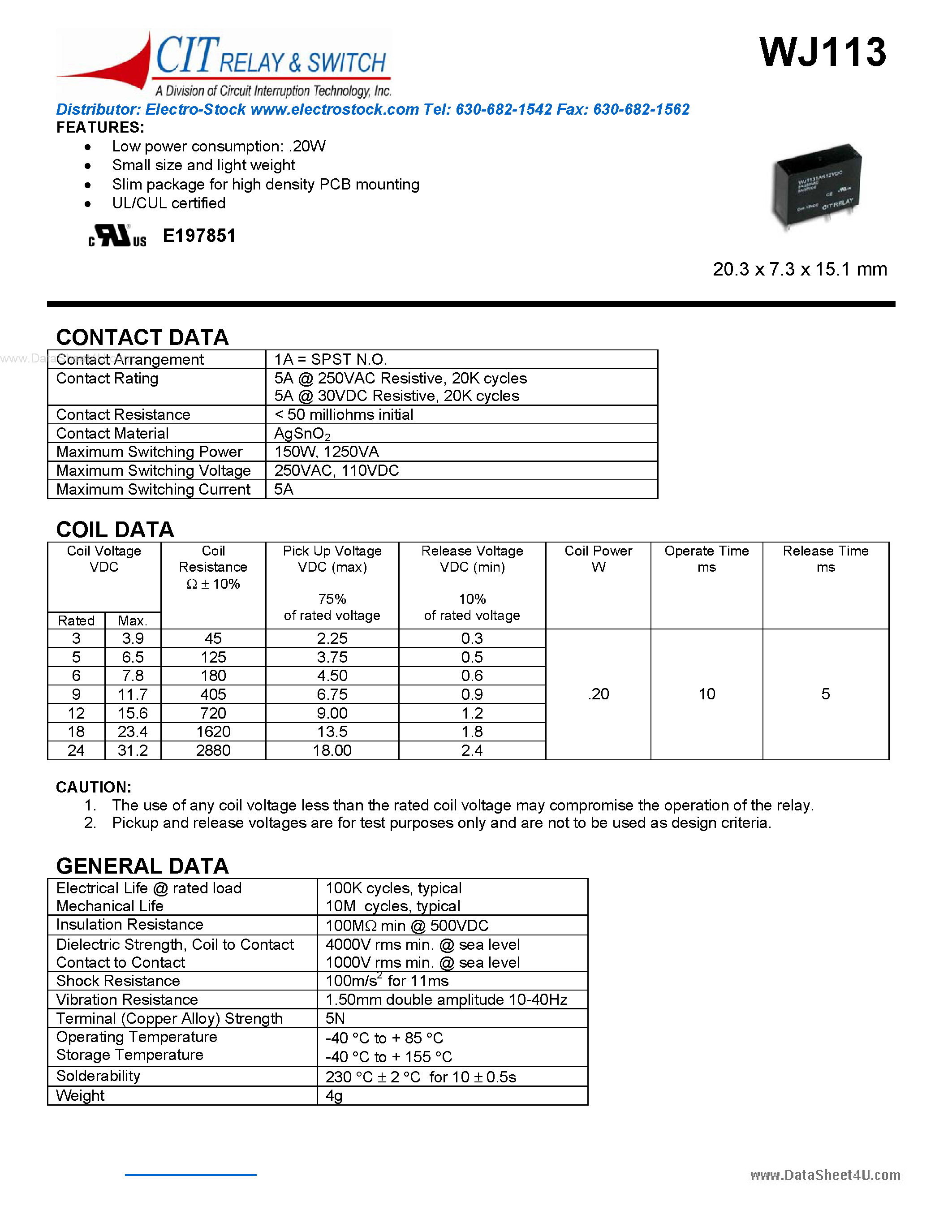 Datasheet WJ113 - CIT SWITCH page 1