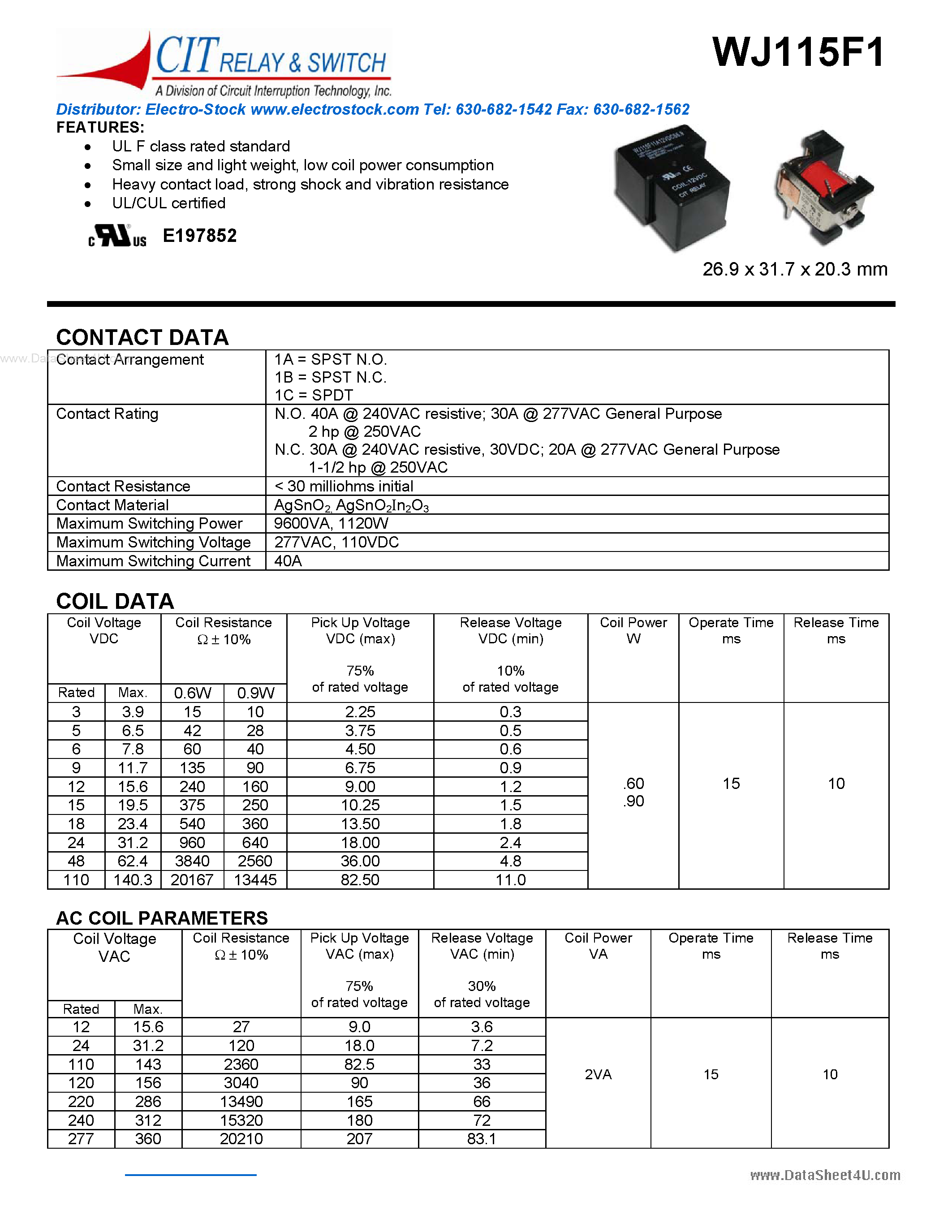 Datasheet WJ115F1 - CIT SWITCH page 1