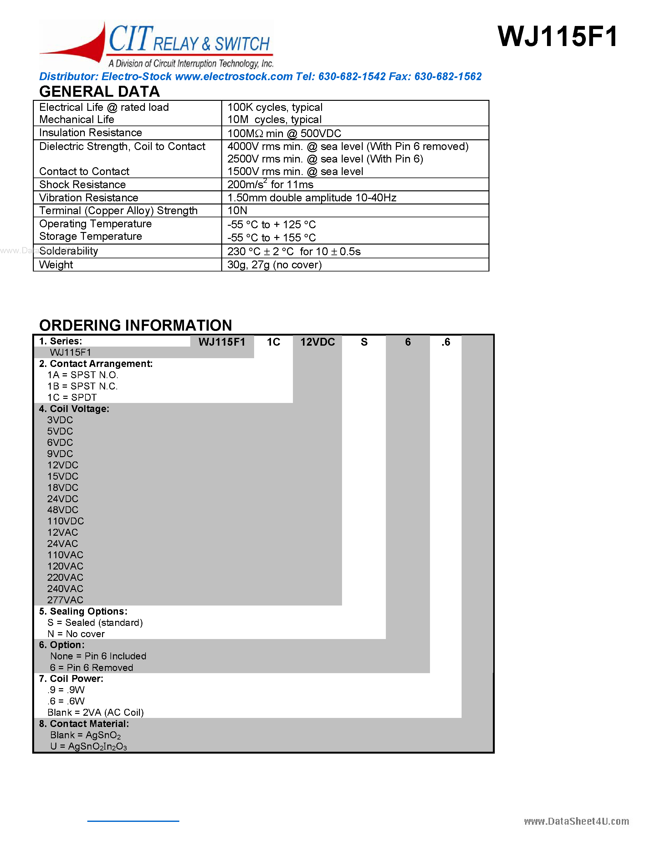 Datasheet WJ115F1 - CIT SWITCH page 2
