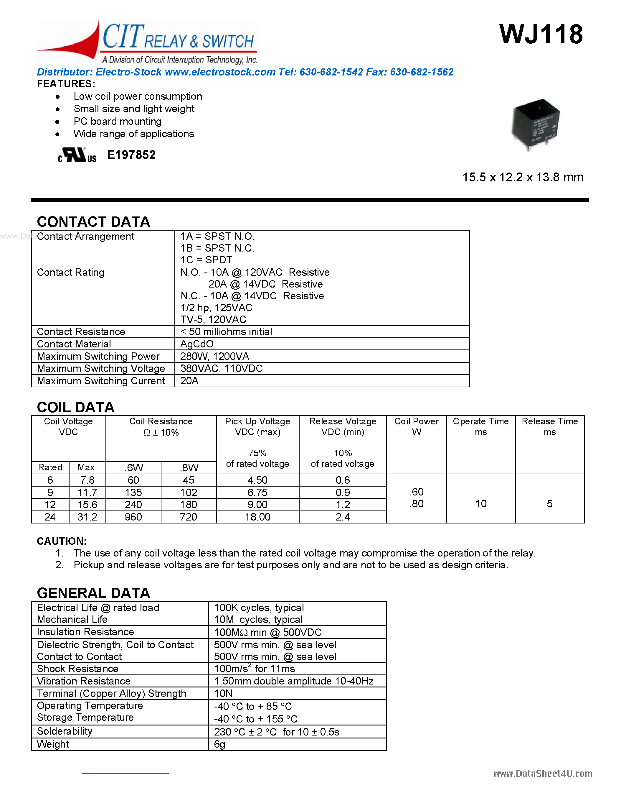 Datasheet WJ118 - CIT SWITCH page 1