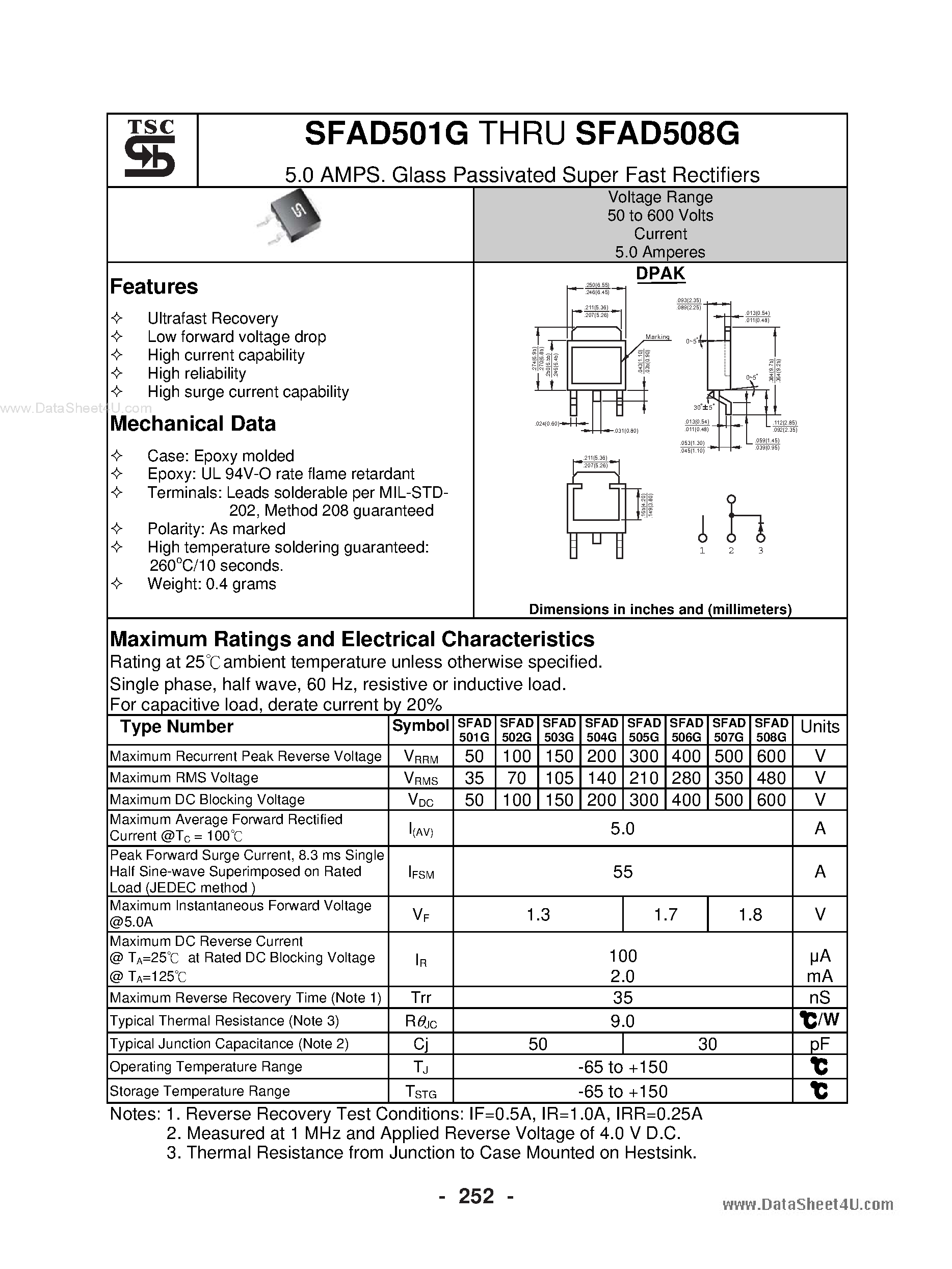 Datasheet SFAD501G page 1 Datasheet SFAD501G - (SFAD501G - SFAD508G) Glass Passivated Super Fast Rectifiers page 1