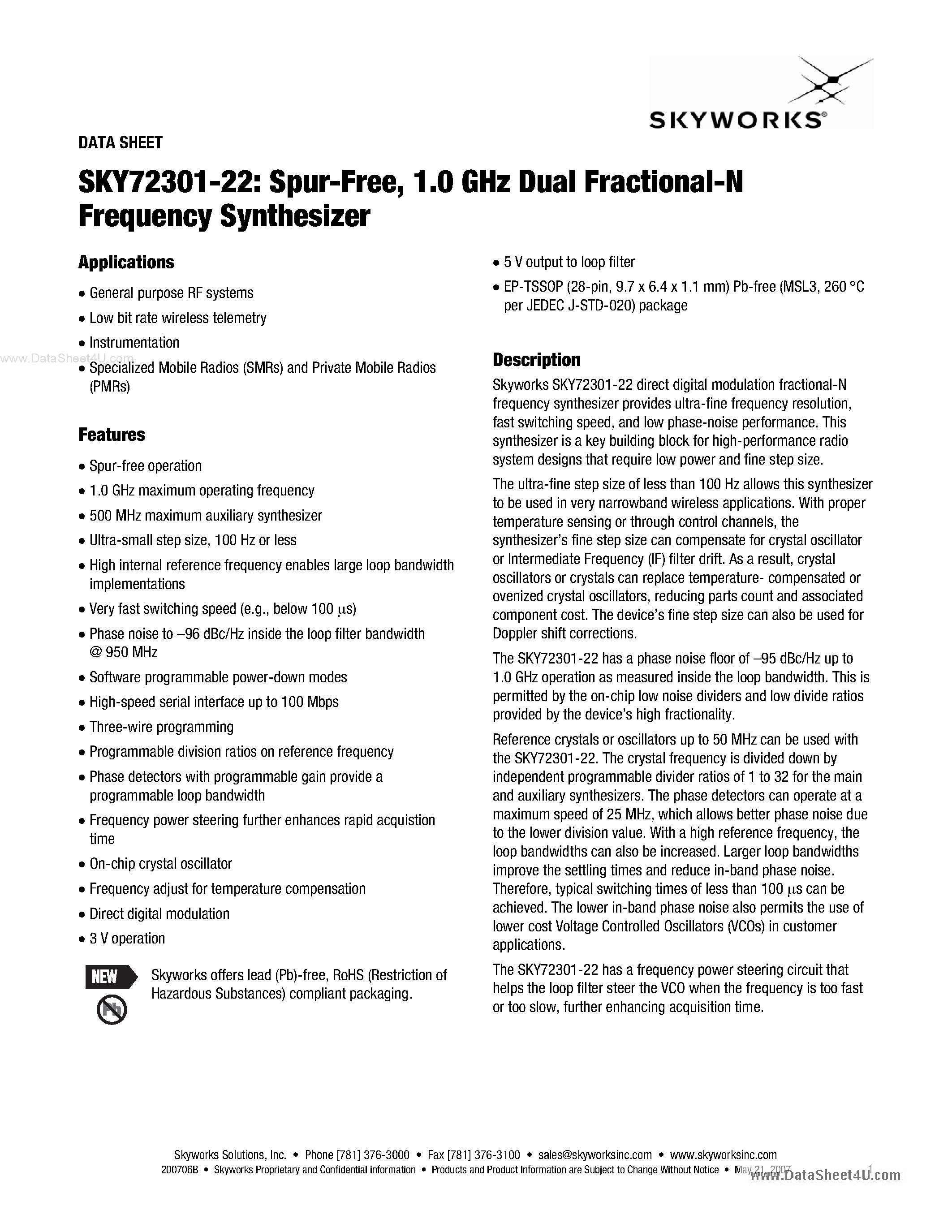 Datasheet SKY72301-22 - 1.0 GHz Dual Fractional-N Frequency Synthesizer page 1