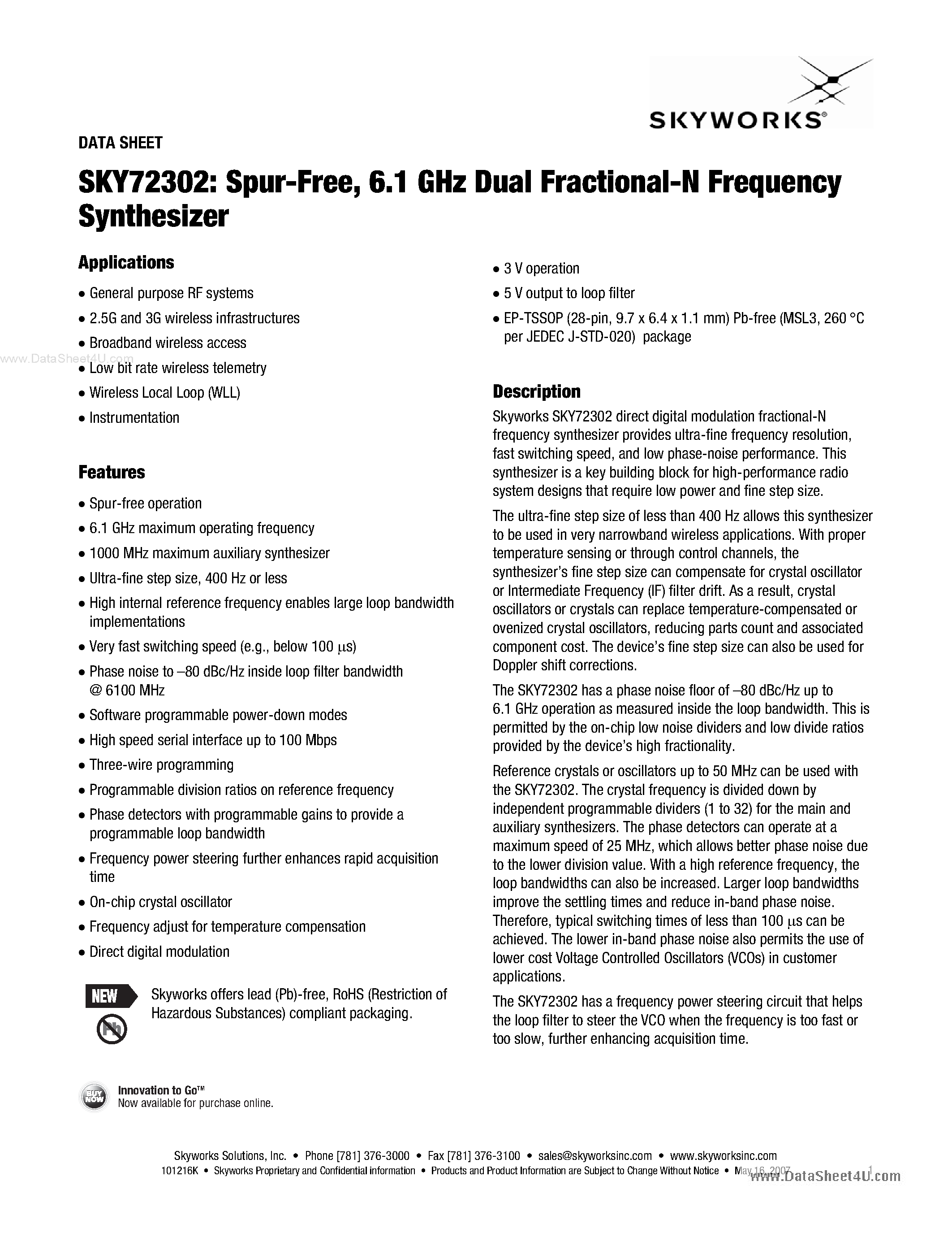 Datasheet SKY72302 - 6.1 GHz Dual Fractional-N Frequency Synthesizer page 1