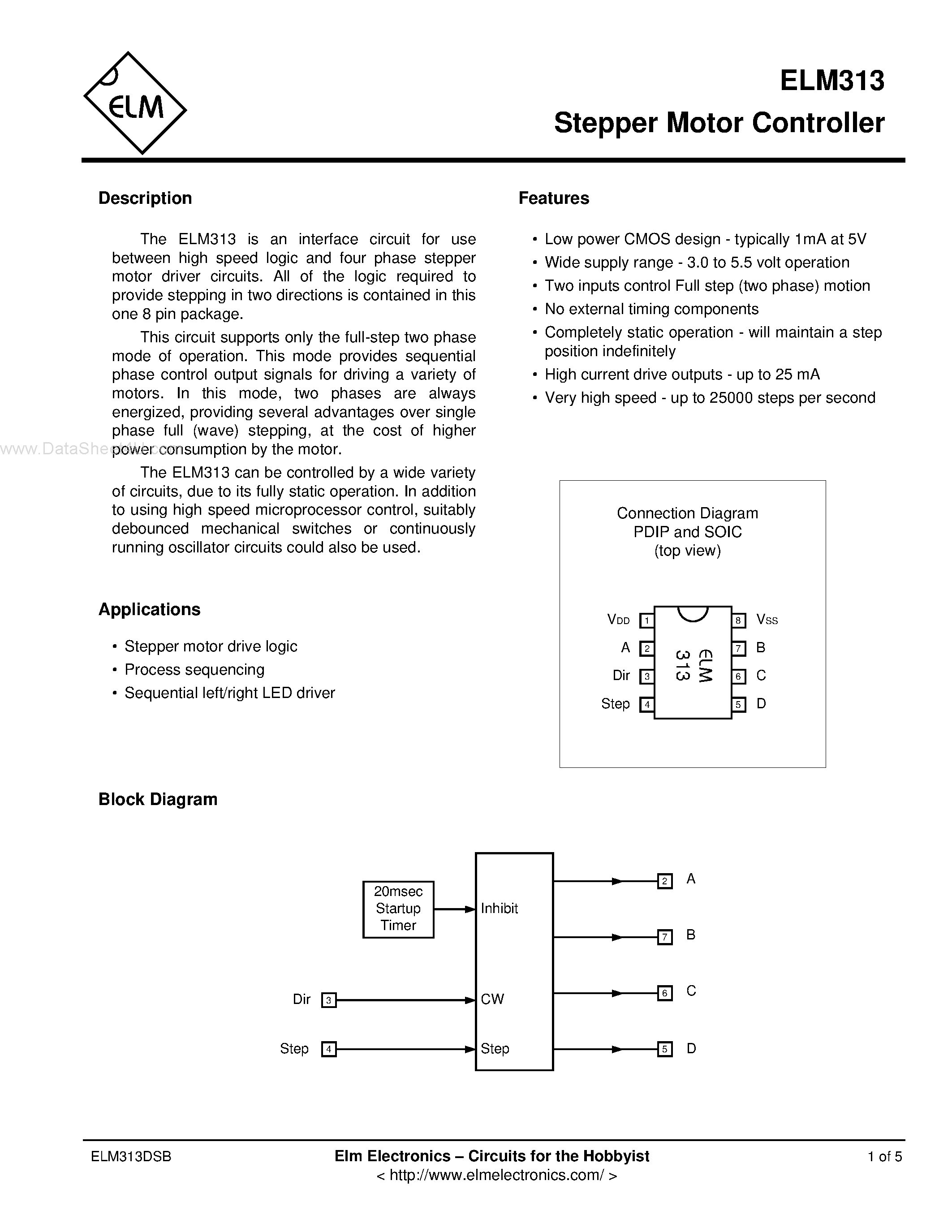 Даташит ELM313 - STEPPER MOTOR CONTROLLER страница 1