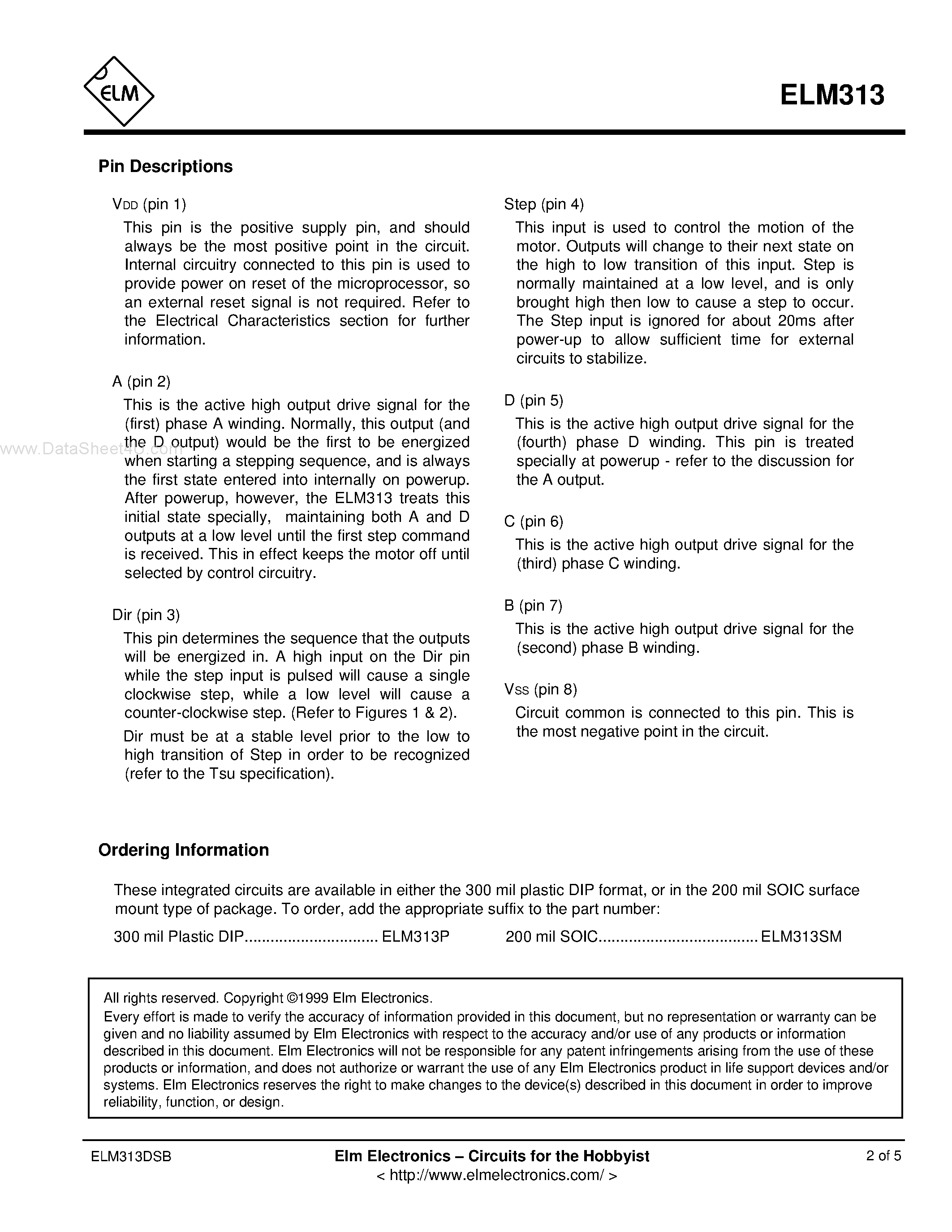 Даташит ELM313 - STEPPER MOTOR CONTROLLER страница 2