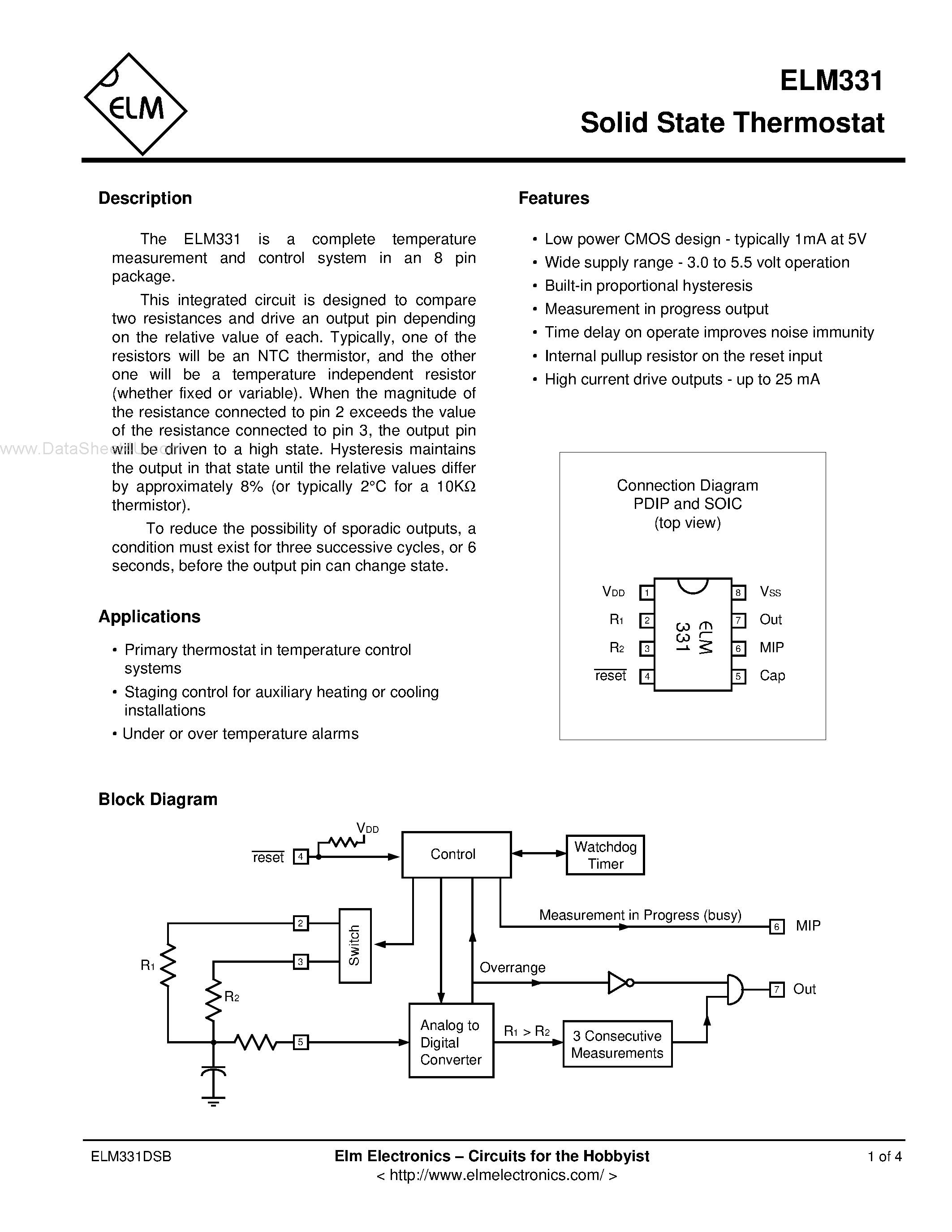 Даташит на микросхему ELM331 страница 1 Даташит ELM331 - Solid State Thermostat страница 1