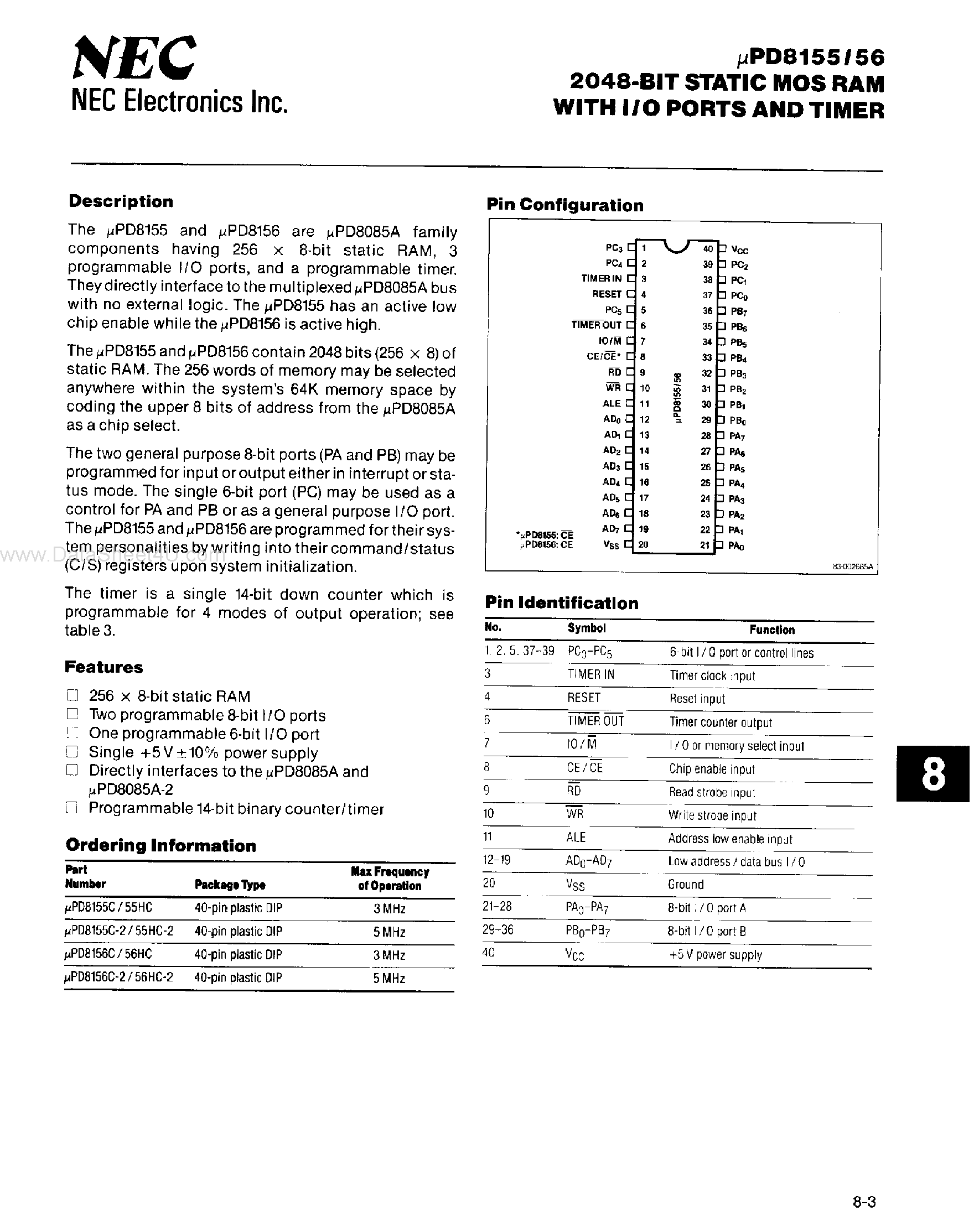 Datasheet UPD8155 - (UPD8155 / UPD8156) 2Kbit Static MOS RAM page 1