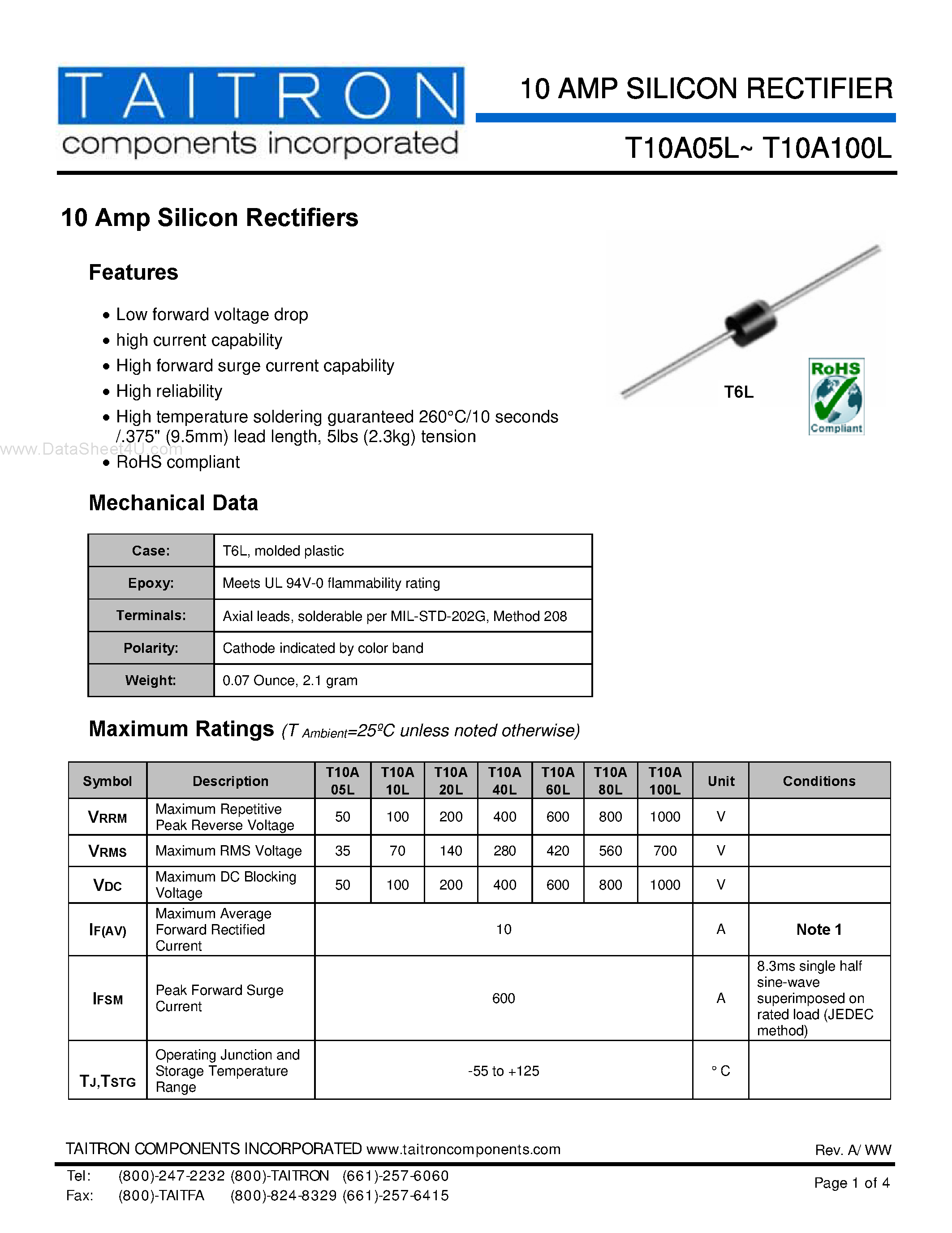 Datasheet T10A05L - (T10A05L - T10A100L) 10 Amp Silicon Rectifiers page 1