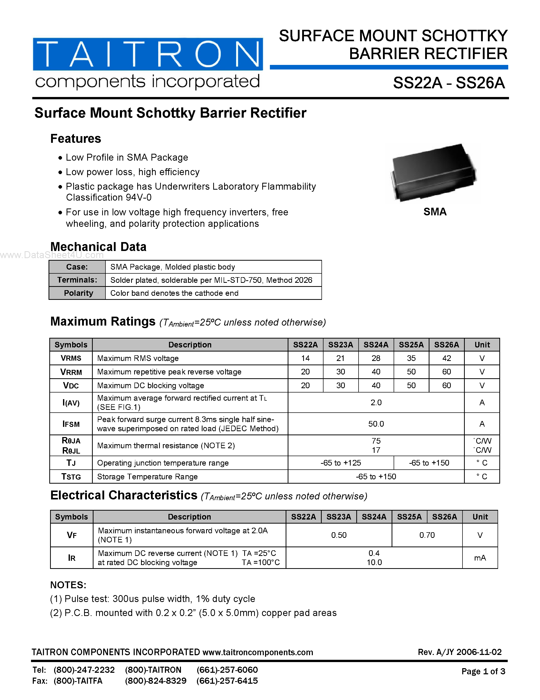 Даташит SS22A - (SS22A - SS26A) Surface Mount Schottky Barrier Rectifier страница 1