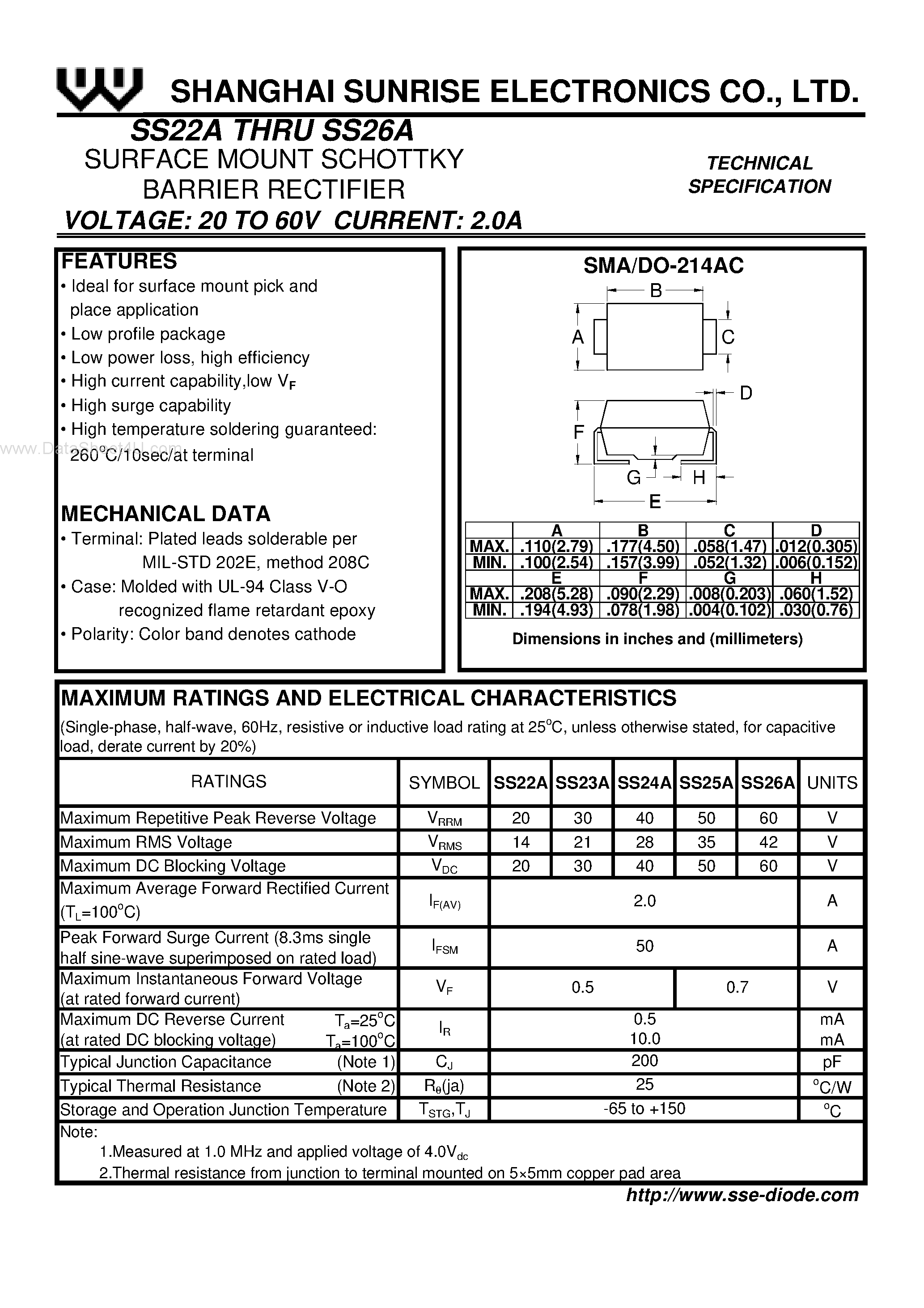 Datasheet SS22A - (SS22A - SS26A) SURFACE MOUNT SCHOTTKY BARRIER RECTIFIER page 1