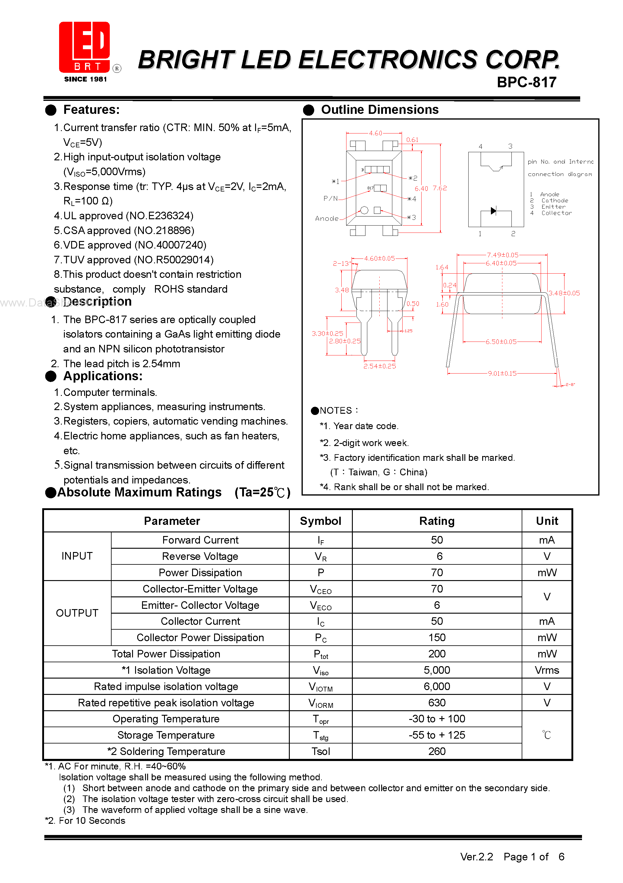 Datasheet BPC-817 page 2 Datasheet BPC-817 - Light Emitting Diode and NPN Silicon Phototransistor page 2