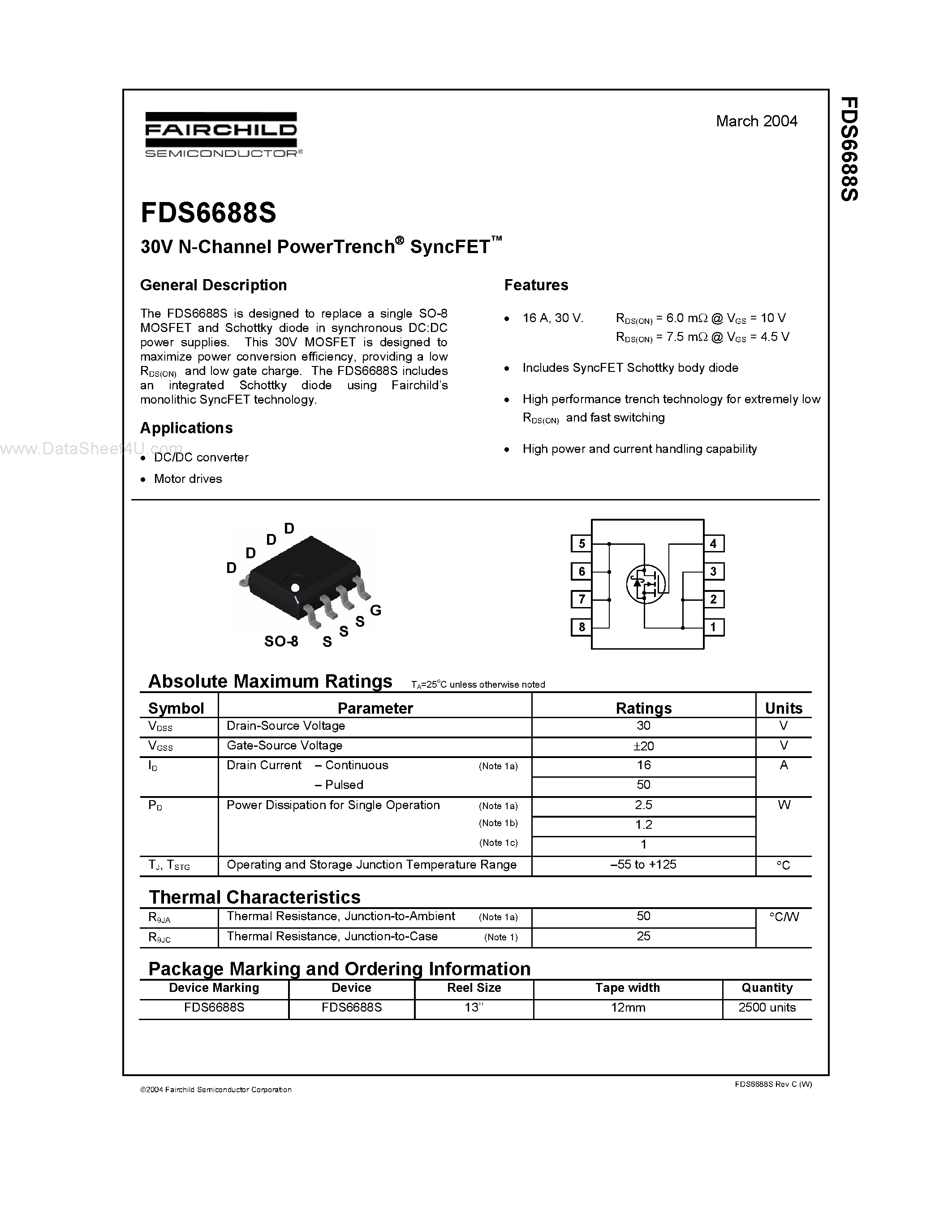 Datasheet FDS6688S page 1 Datasheet FDS6688S - 30V N-Channel PowerTrench SyncFET page 1