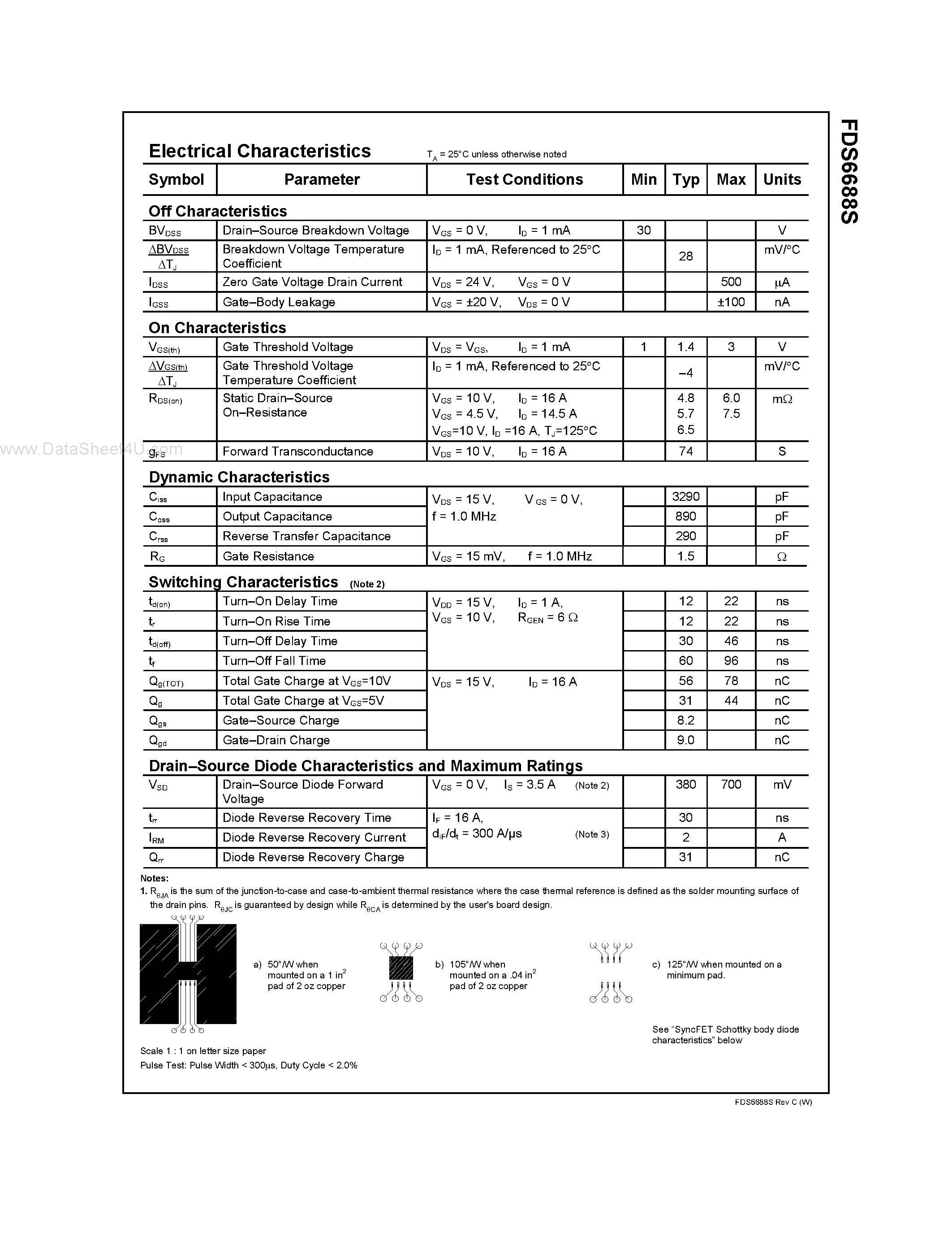 Datasheet FDS6688S page 2 Datasheet FDS6688S - 30V N-Channel PowerTrench SyncFET page 2