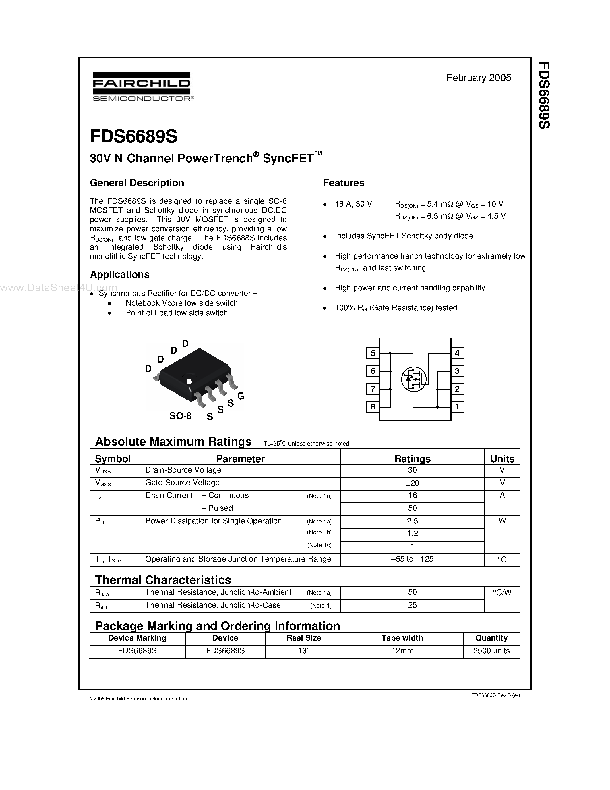 Datasheet FDS6689S page 1 Datasheet FDS6689S - 30V N-Channel PowerTrench SyncFET page 1