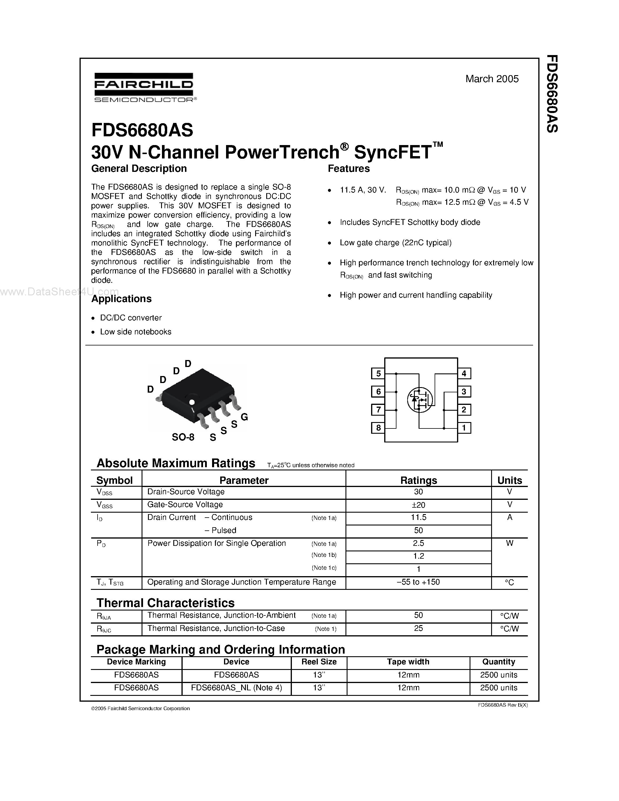 Datasheet FDS6680AS page 1 Datasheet FDS6680AS - 30V N-Channel PowerTrench SyncFET page 1
