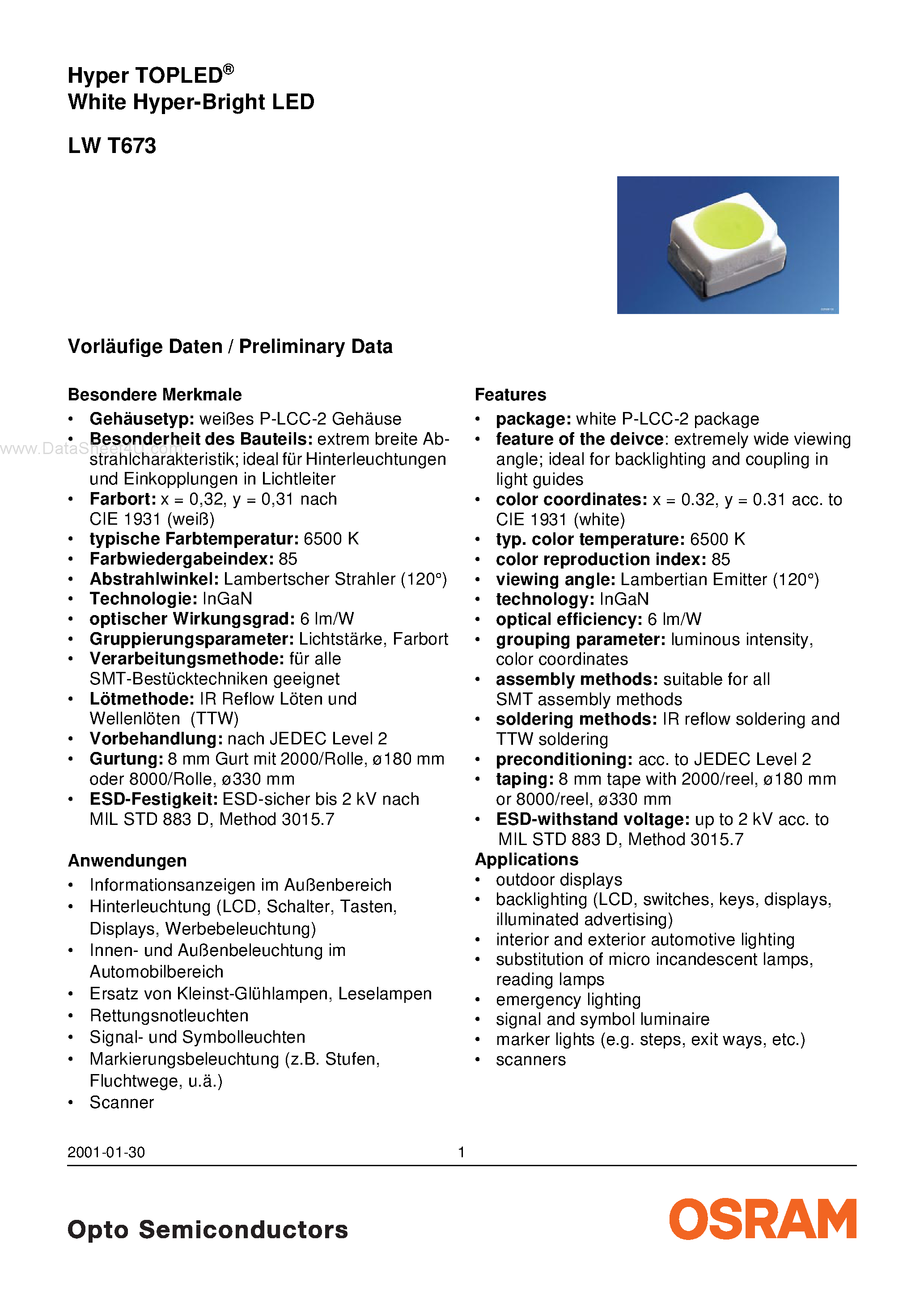 Datasheet LWT673 - Hyper TOPLED White Hyper-Bright LED page 1