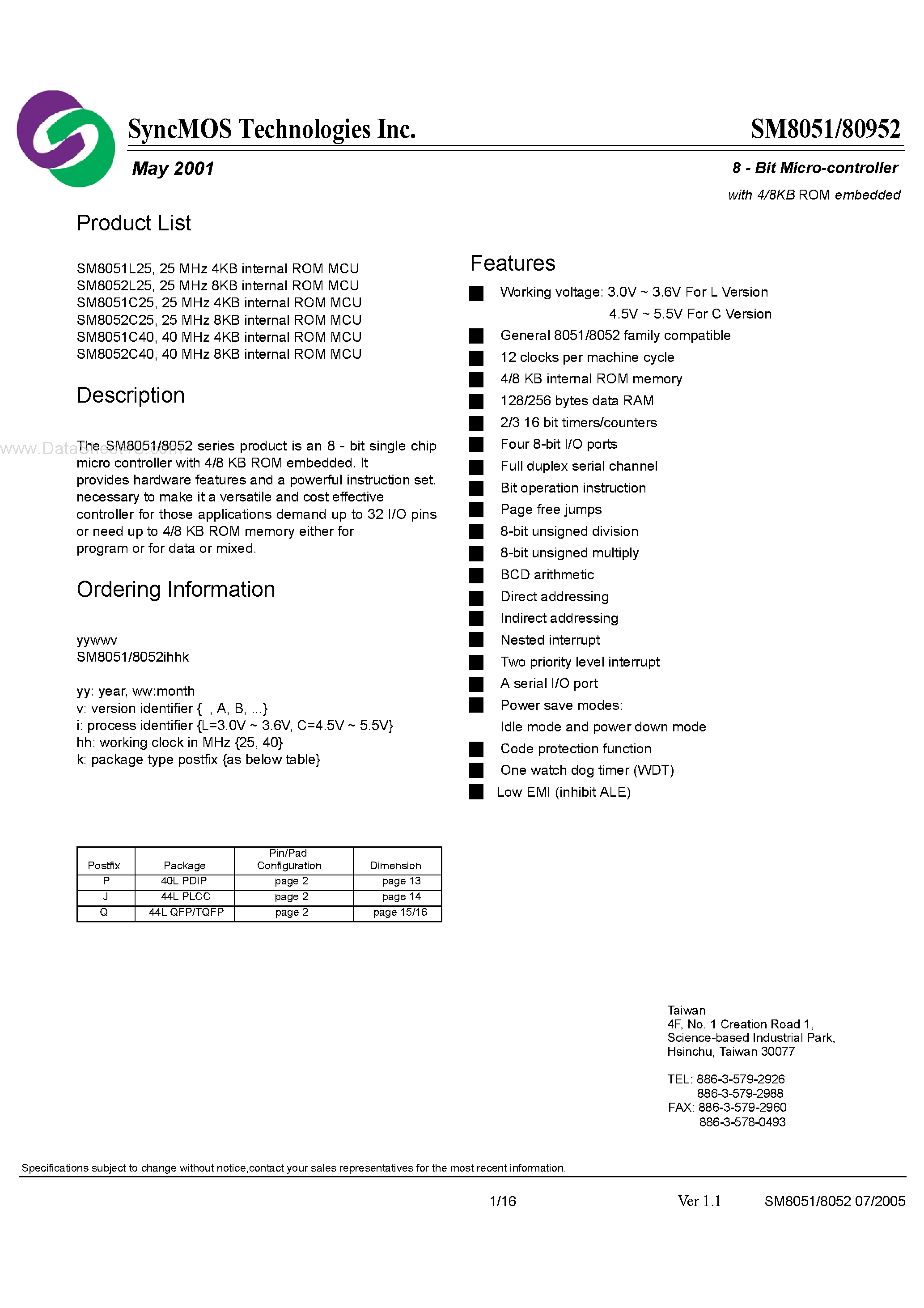 Datasheet SM80952 - 8-Bit Micro-controller page 1