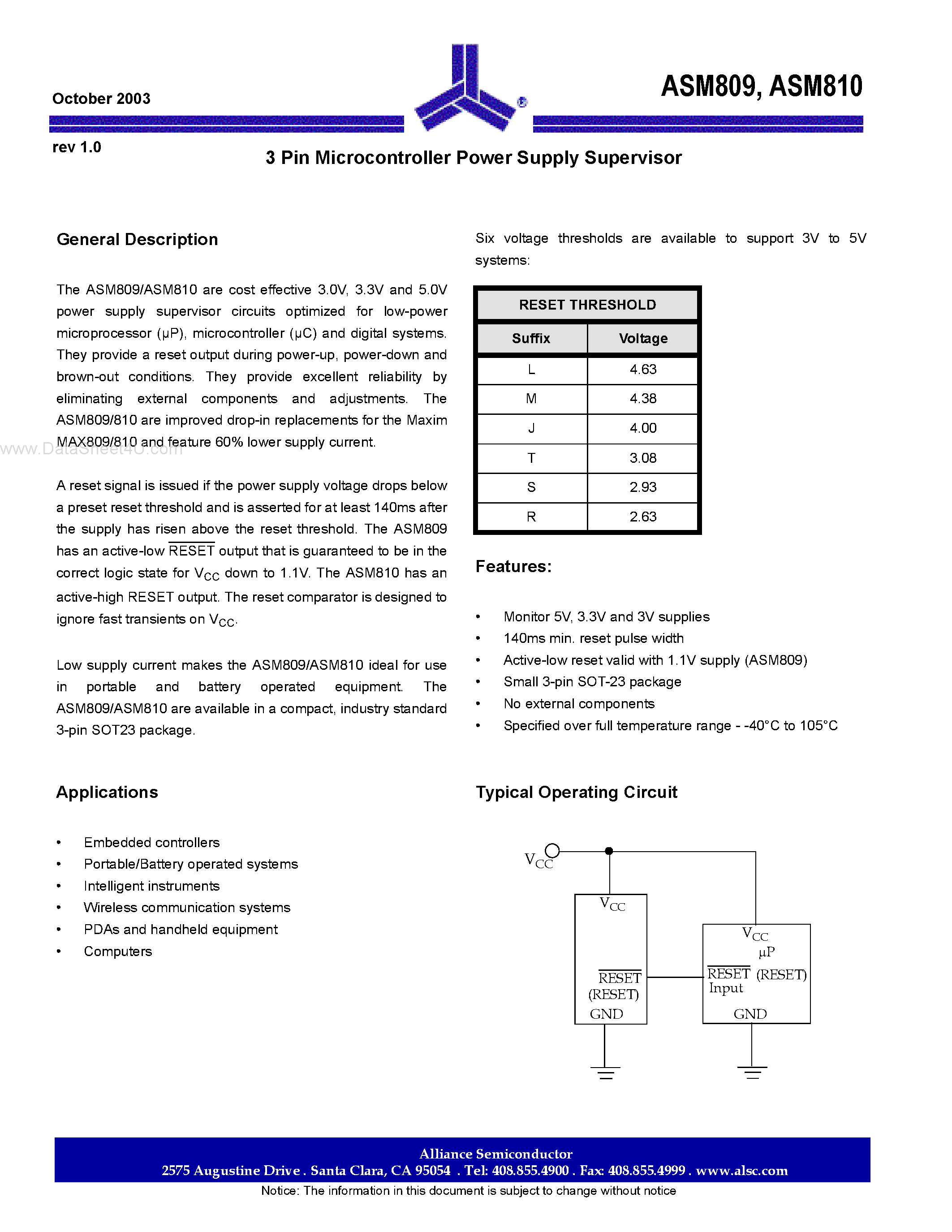 Datasheet ASM809 page 1 Datasheet ASM809 - (ASM809 / ASM810) 3 Pin Microcontroller Power Supply Supervisor page 1