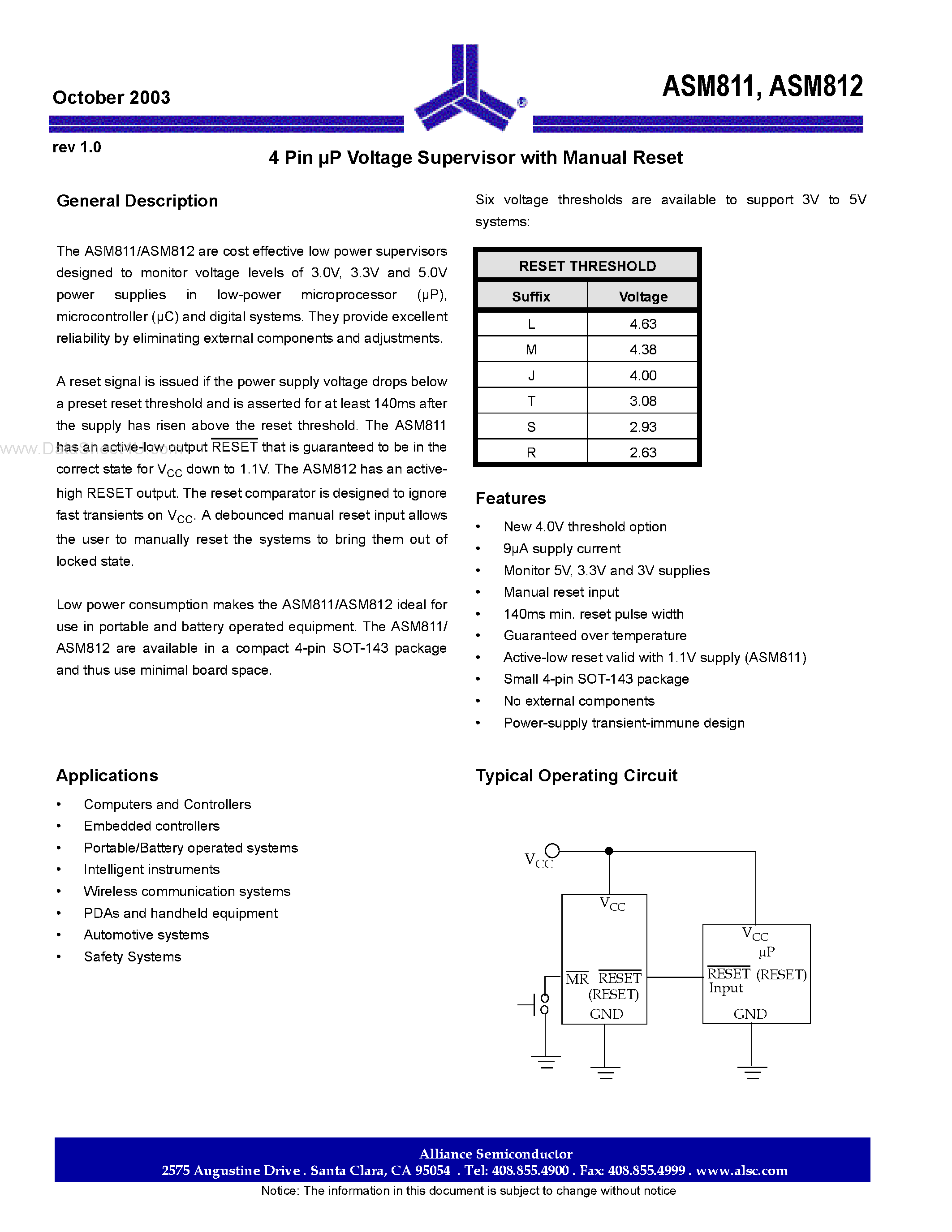 Datasheet ASM811 - (ASM811 / ASM812) 4 Pin P Voltage Supervisor page 1