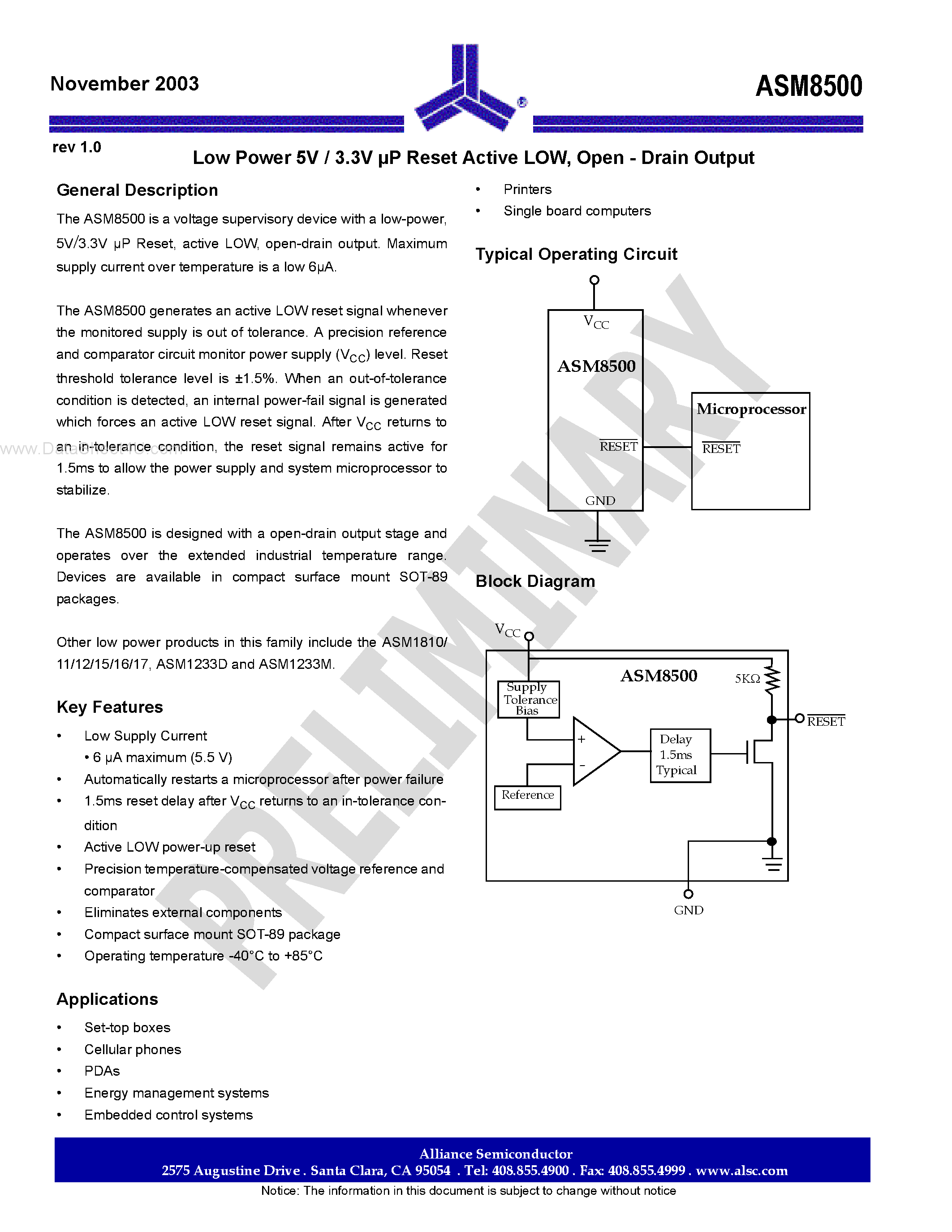 Даташит на микросхему ASM8500 страница 1 Даташит ASM8500 - Low Power 5V / 3.3V uP Reset Active страница 1