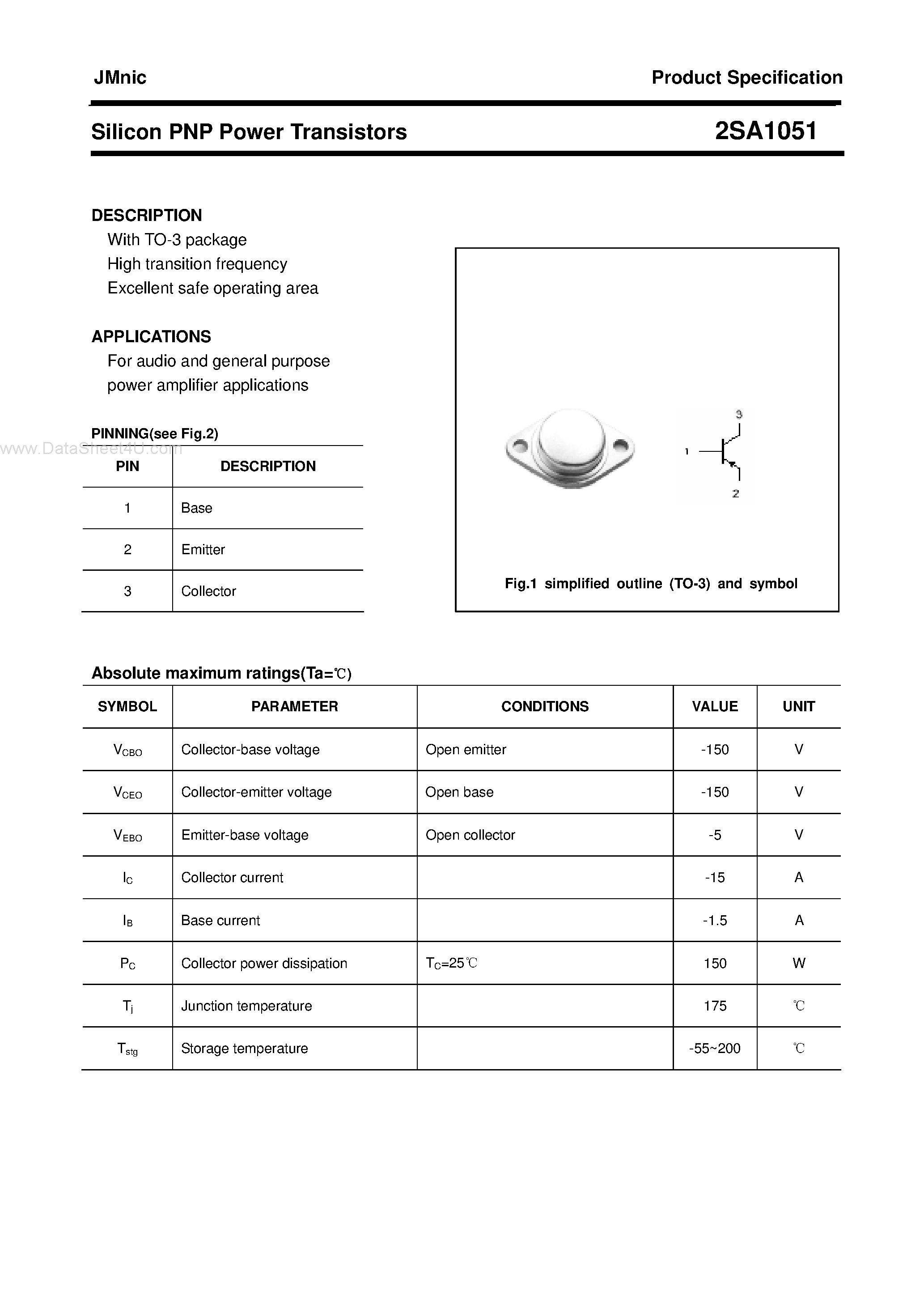 Datasheet 2SA1051 - Silicon PNP Power Transistors page 1