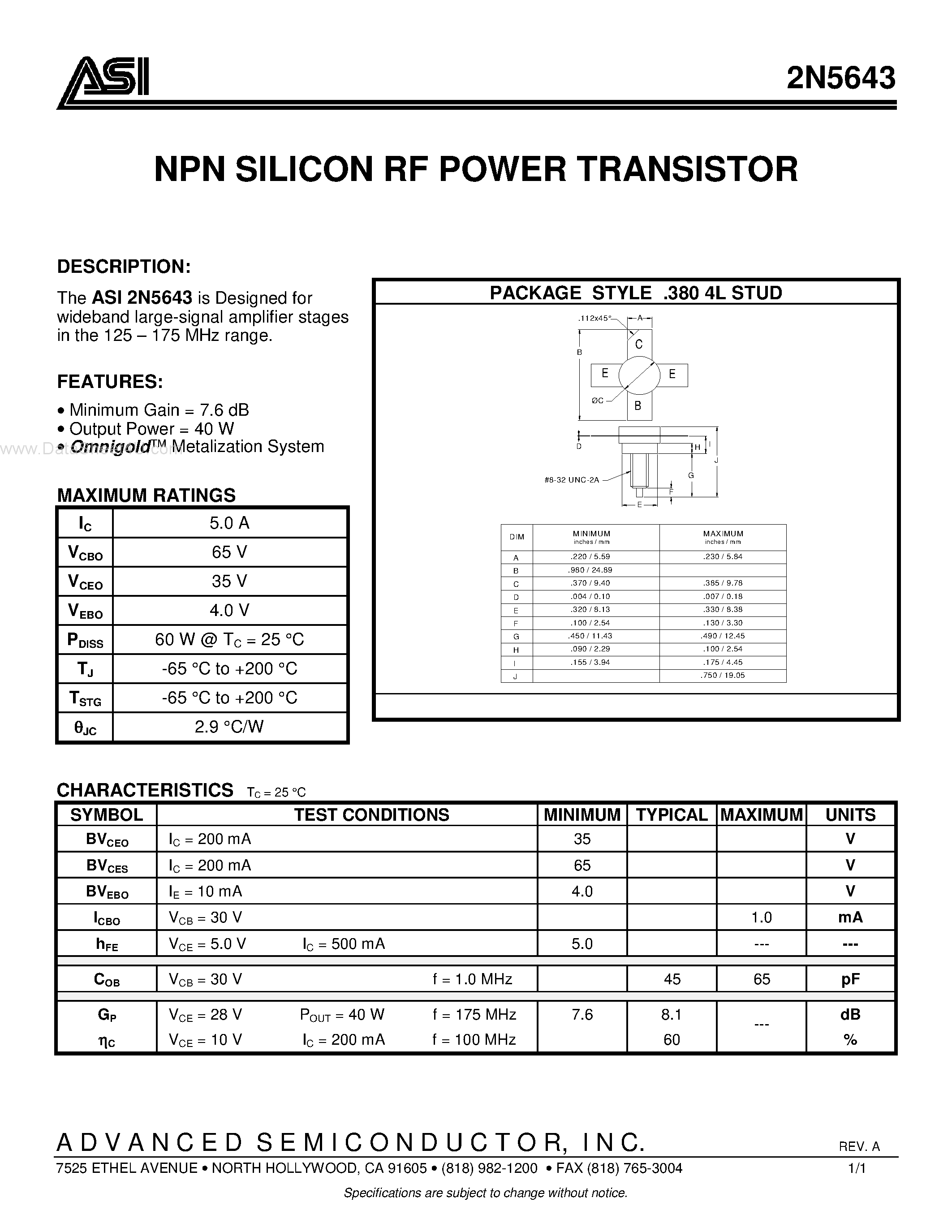 Datasheet 2N5643 - NPN SILICON RF POWER TRANSISTOR page 1