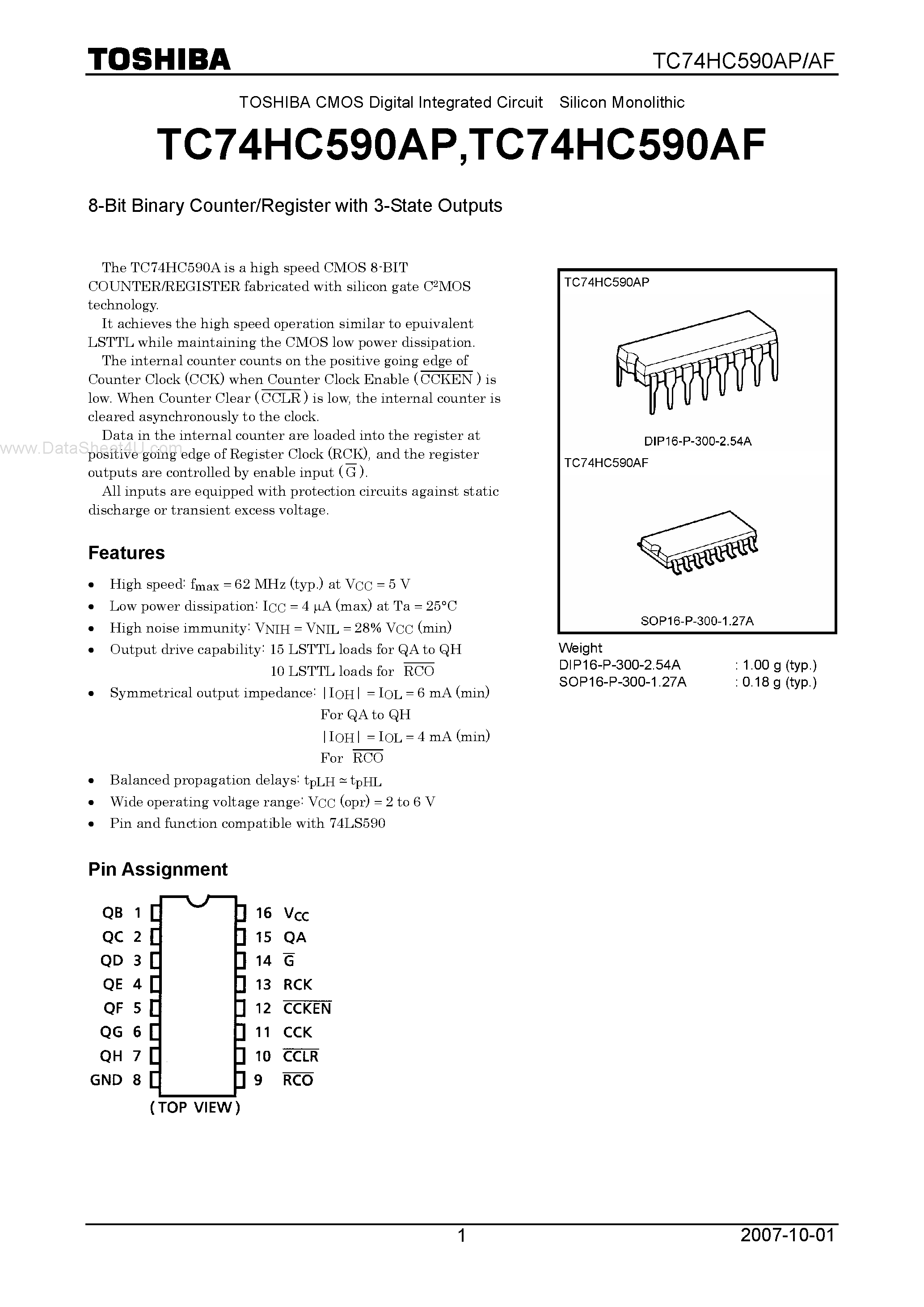 Даташит TC74HC590AF - CMOS Digital Integrated Circuit Silicon Monolithic 8-Bit Binary Counter/Register страница 1