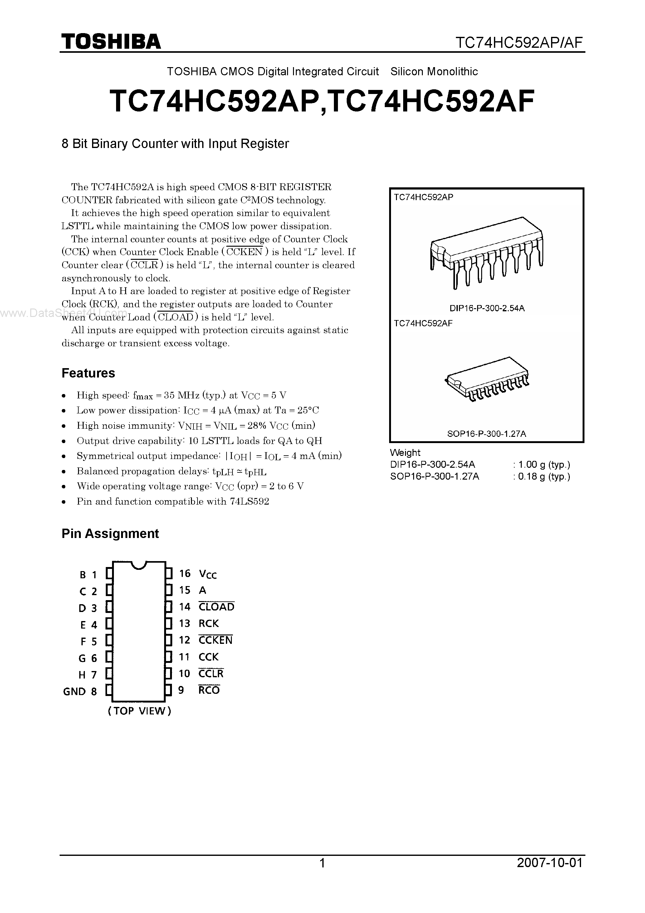 Даташит TC74HC592AF - CMOS Digital Integrated Circuit Silicon Monolithic 8 Bit Binary Counter страница 1