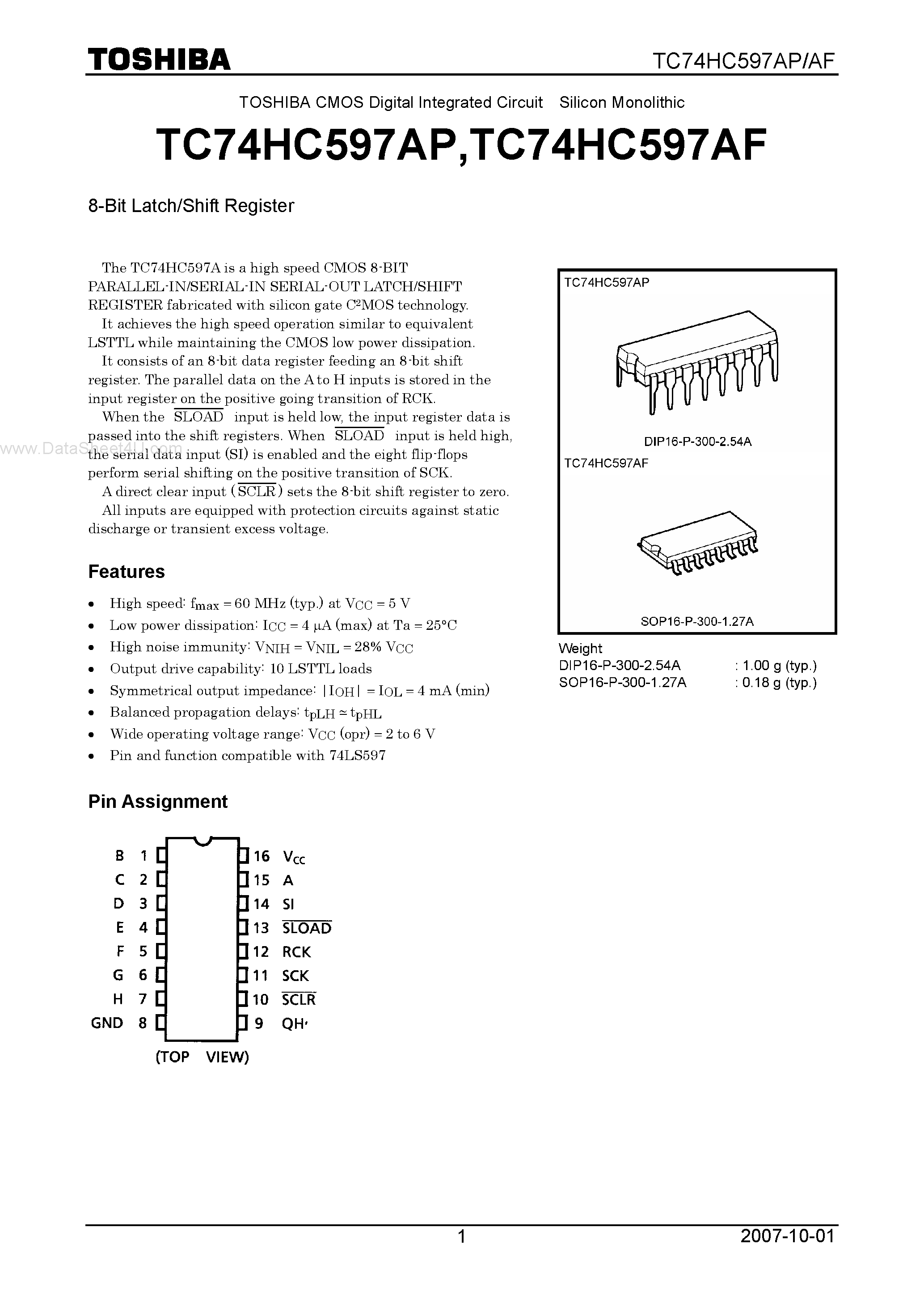 Даташит TC74HC597AF - CMOS Digital Integrated Circuit Silicon Monolithic 8-Bit Latch/Shift Register страница 1