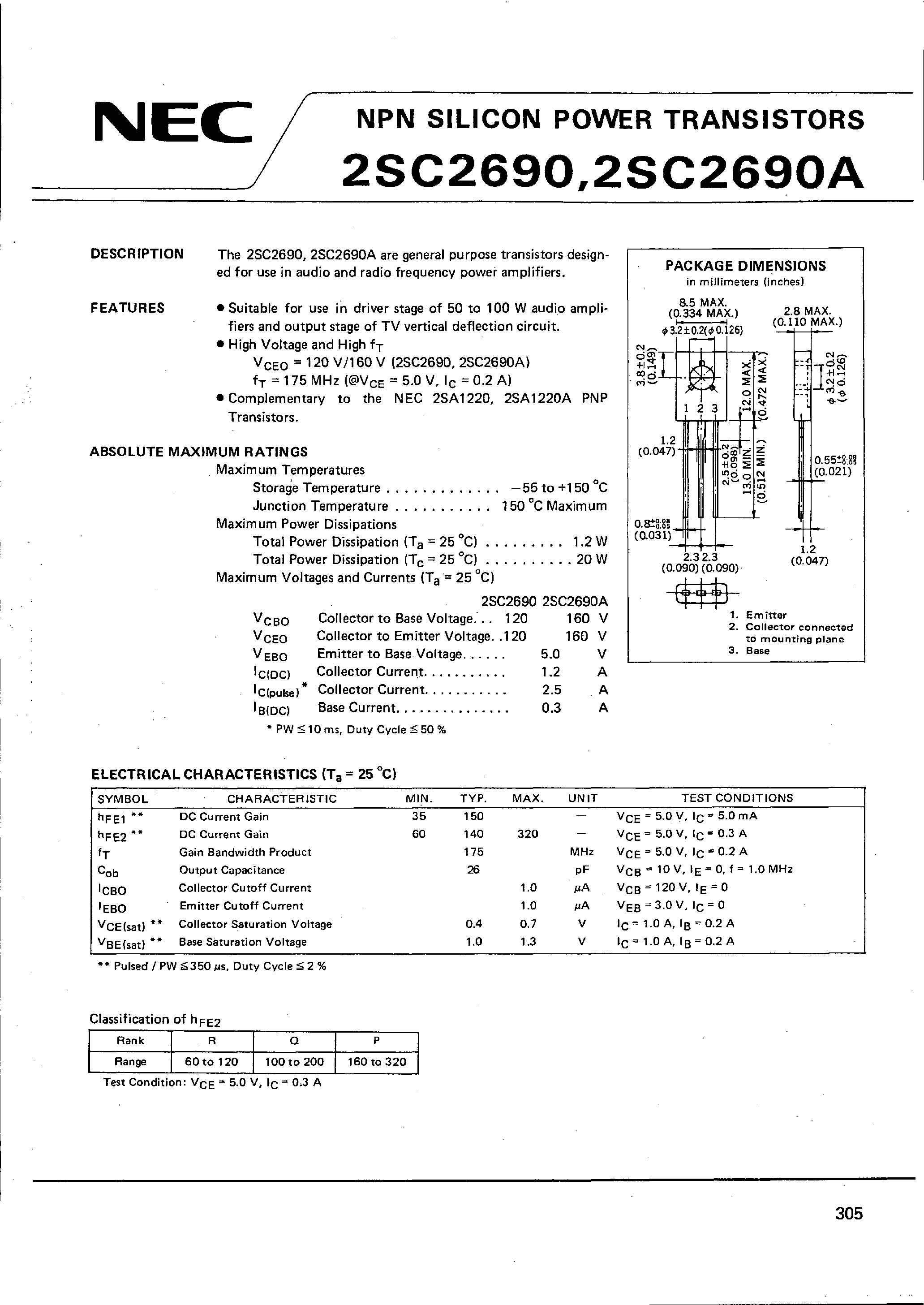 Datasheet 2SC2690 page 1 Datasheet 2SC2690 - Use in audio and radio Frequency power amplifiers page 1