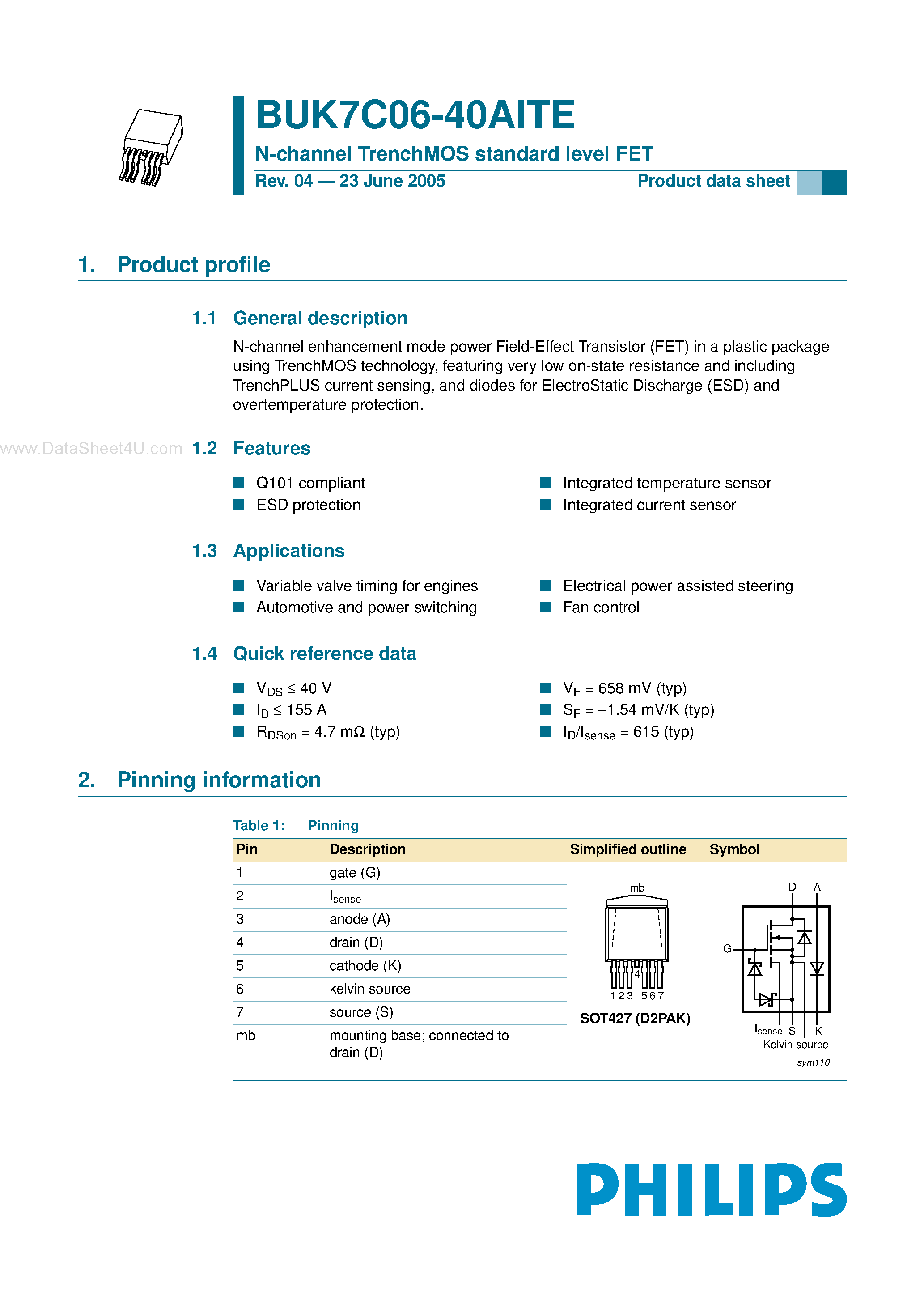 Datasheet BUK7C06-40AITE - N-channel TrenchMOS standard level FET page 1