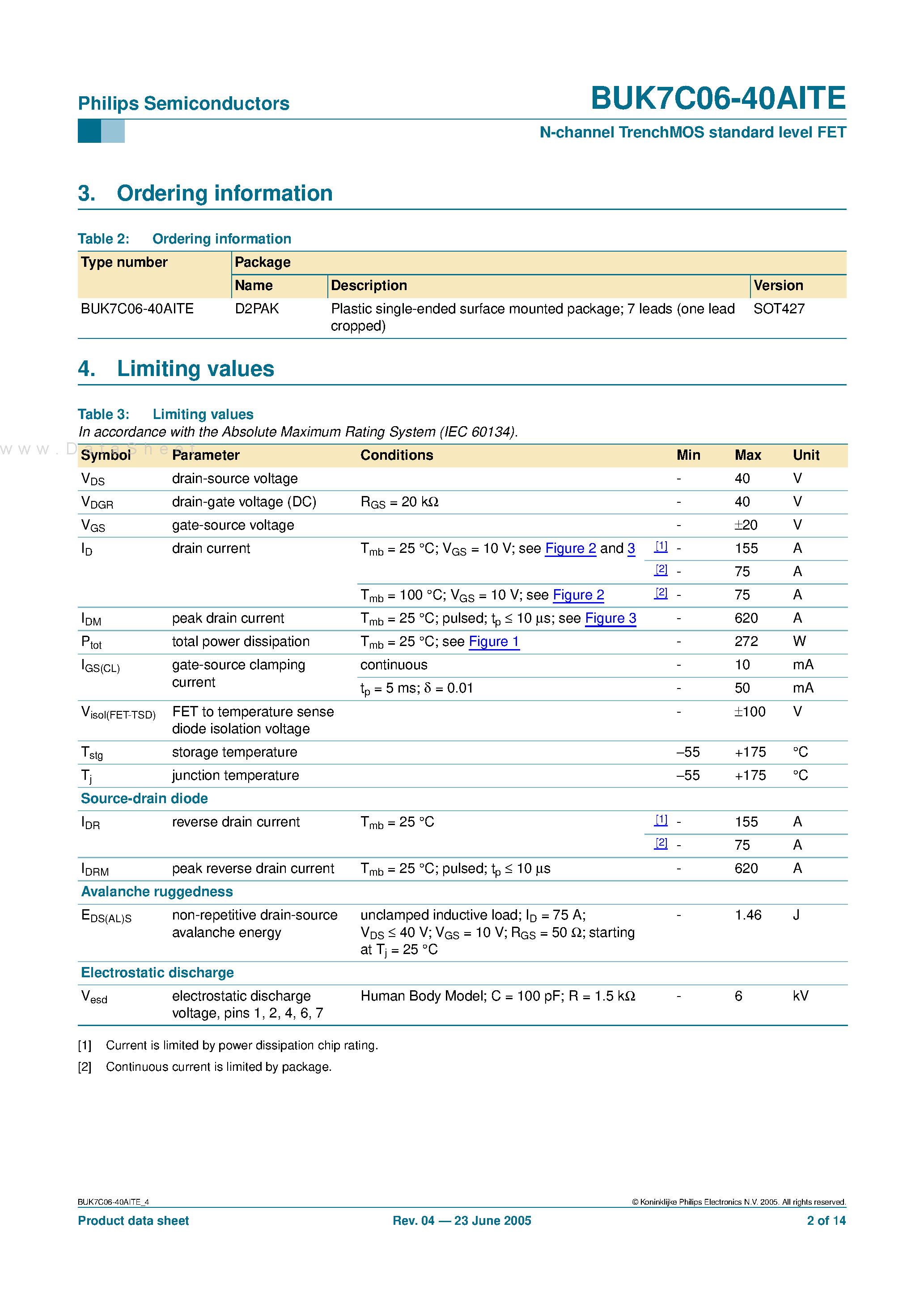 Datasheet BUK7C06-40AITE - N-channel TrenchMOS standard level FET page 2