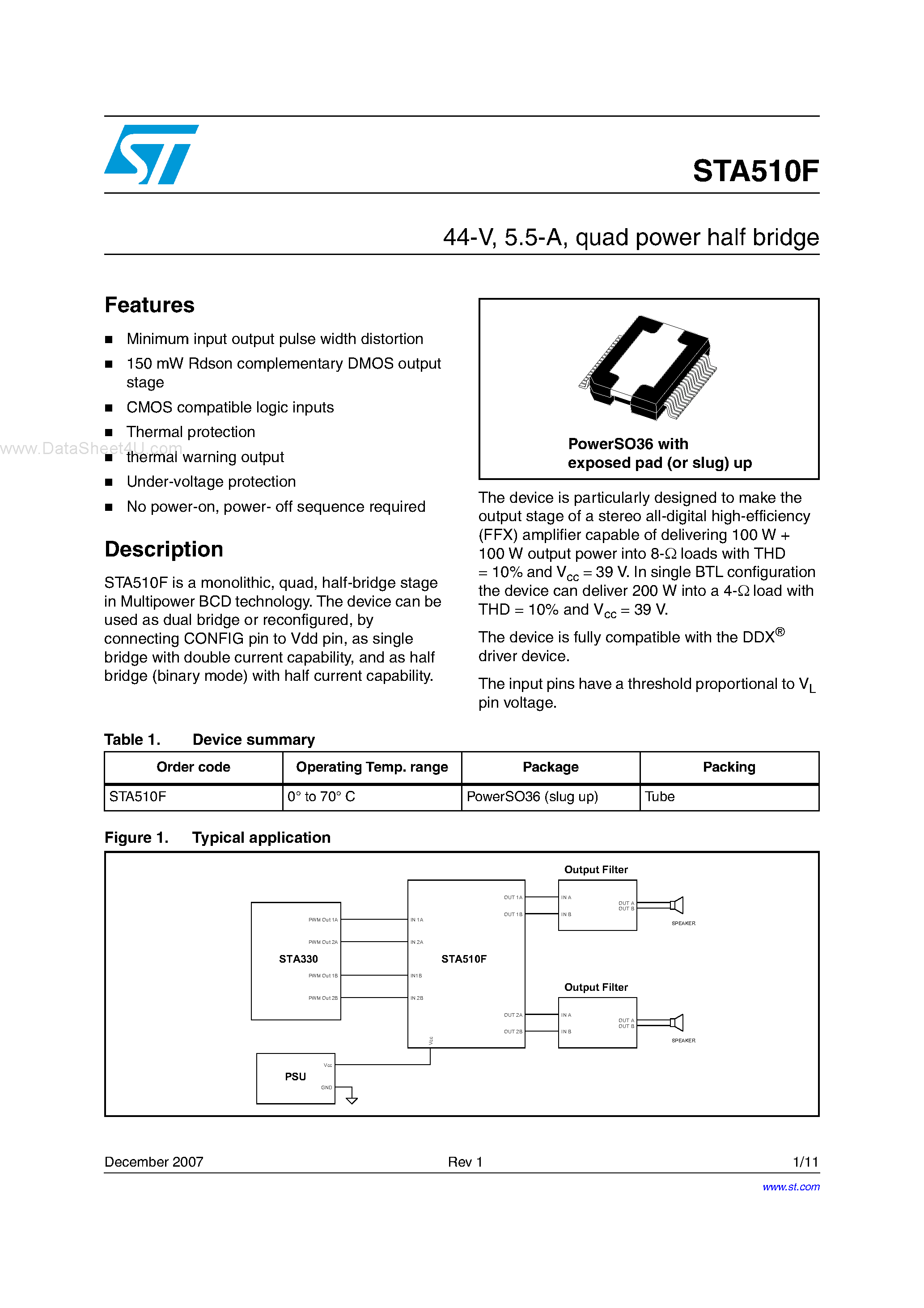 Datasheet STA510F page 1 Datasheet STA510F - quad power half bridge page 1