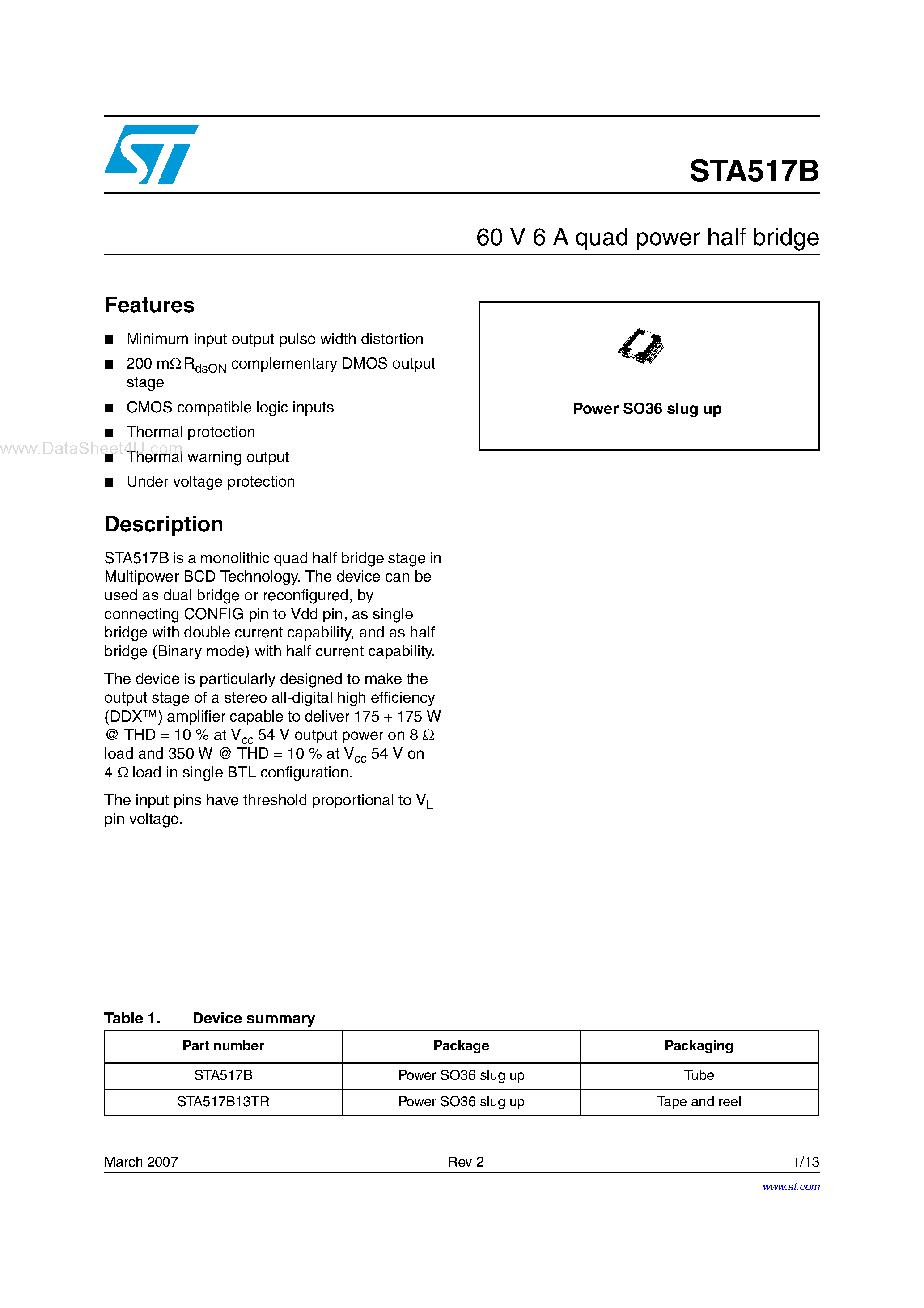 Datasheet STA517B - 60V 6A quad power half bridge page 1
