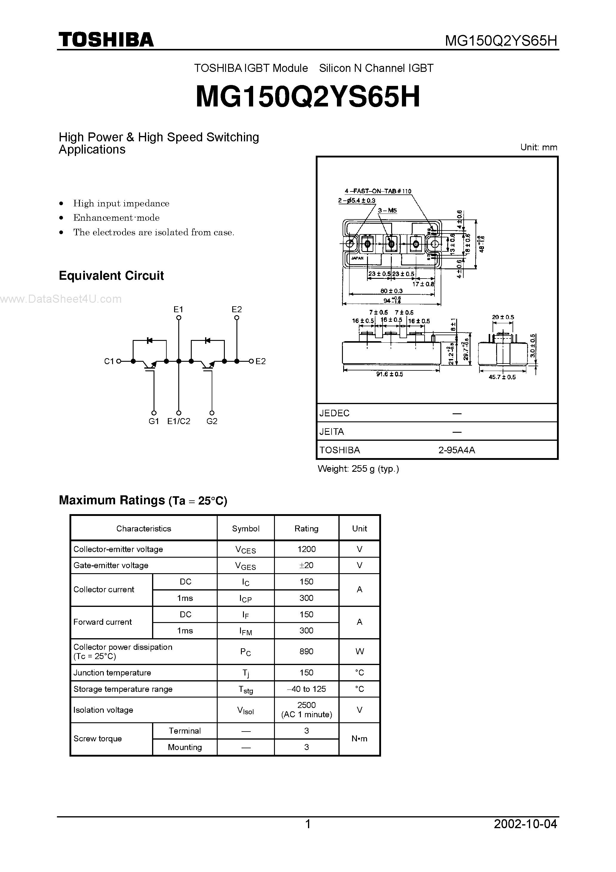 Datasheet MG150Q2YS65H page 1 Datasheet MG150Q2YS65H - High Power & High Speed Switching Applications page 1