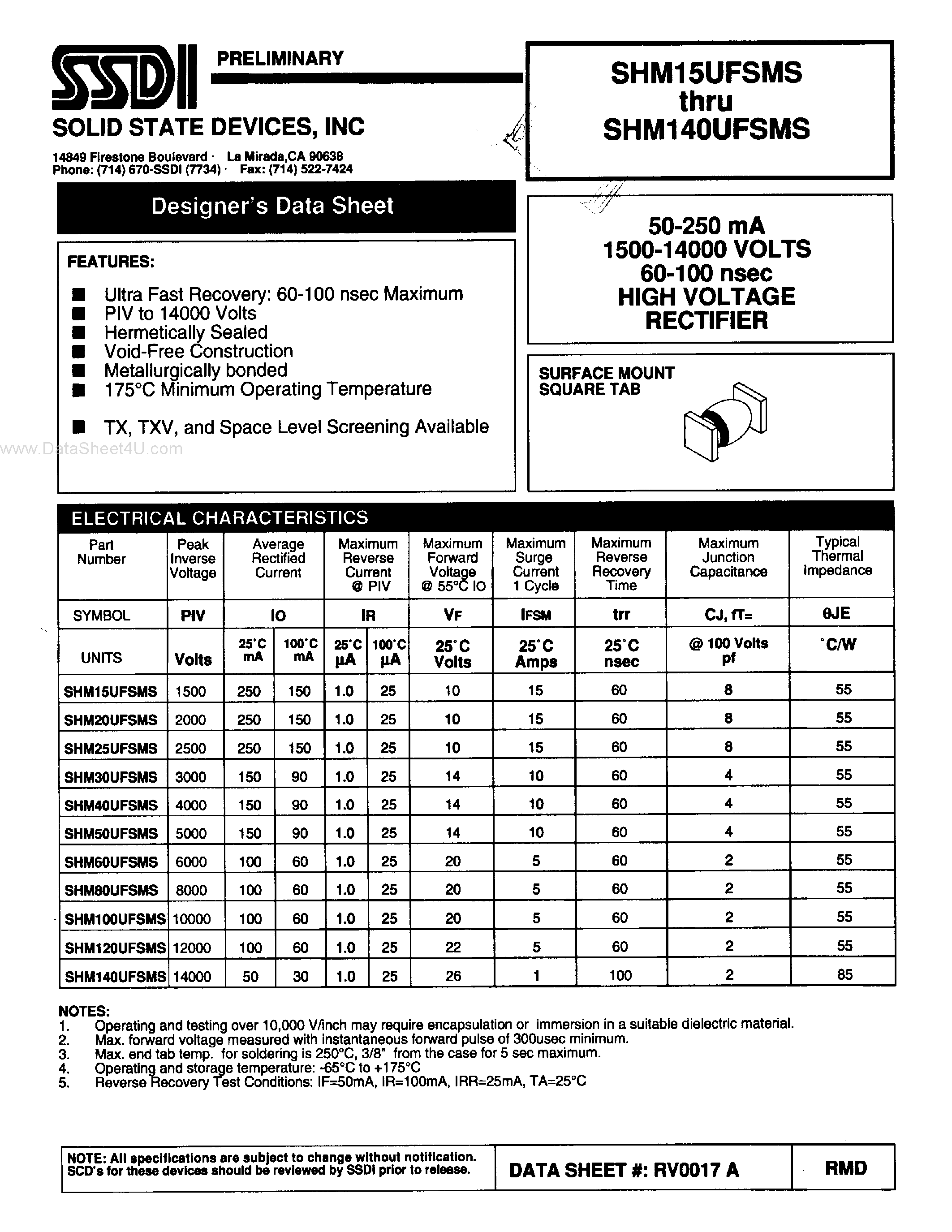 Datasheet SHM100UFSMS page 1 Datasheet SHM100UFSMS - (SHMxxUFSMS) 50-250 mA 1500-14000 VOLTS 60-100 Nsec HIGH VOLTAGE RECTIFIER page 1
