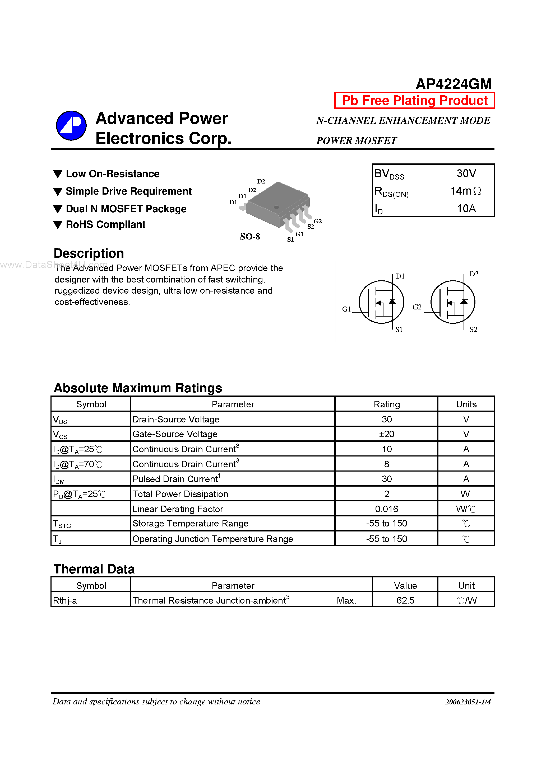 Datasheet AP4224GM - N-CHANNEL ENHANCEMENT MODE POWER MOSFET page 1