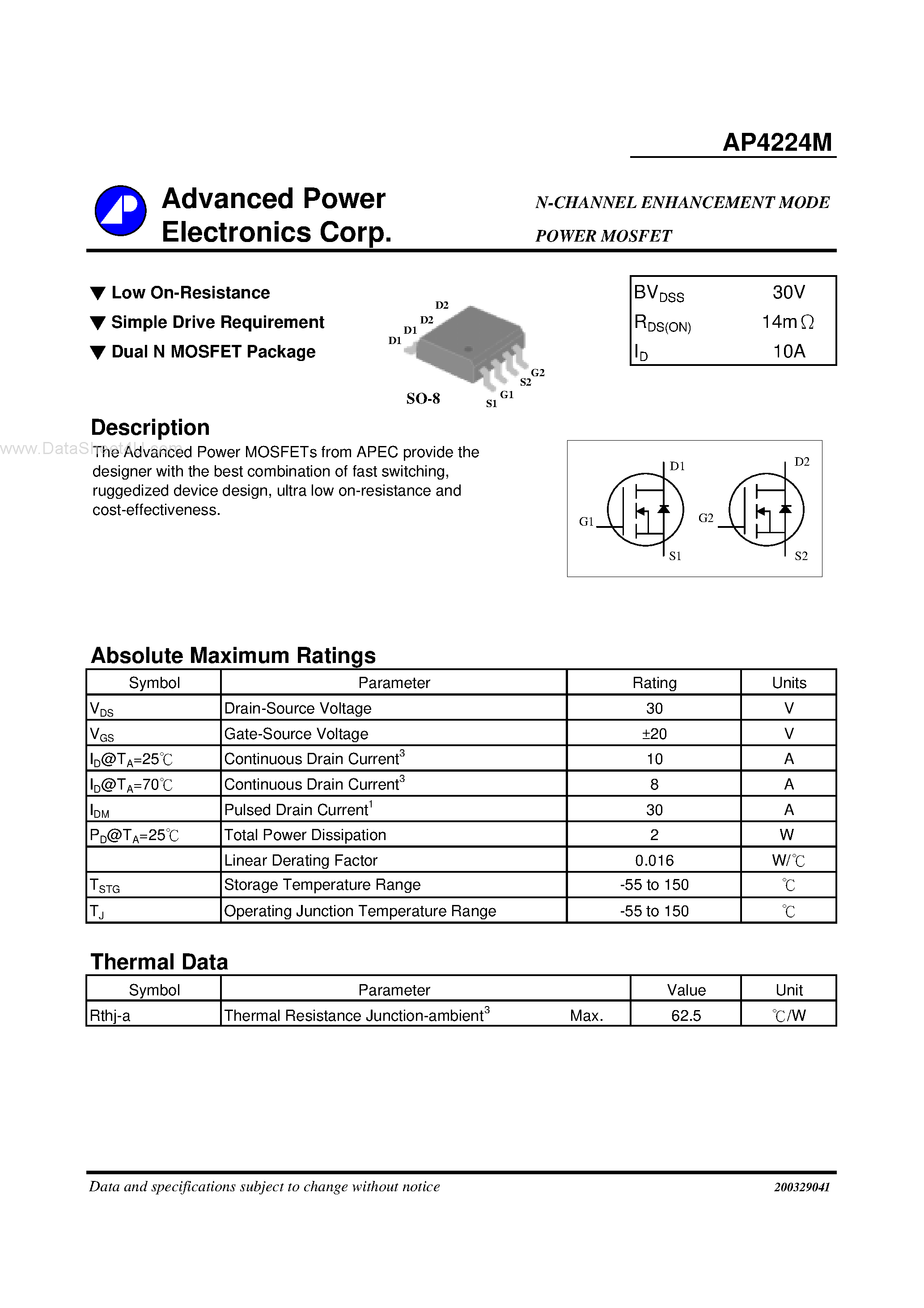 Datasheet AP4224M - N-CHANNEL ENHANCEMENT MODE POWER MOSFET page 1