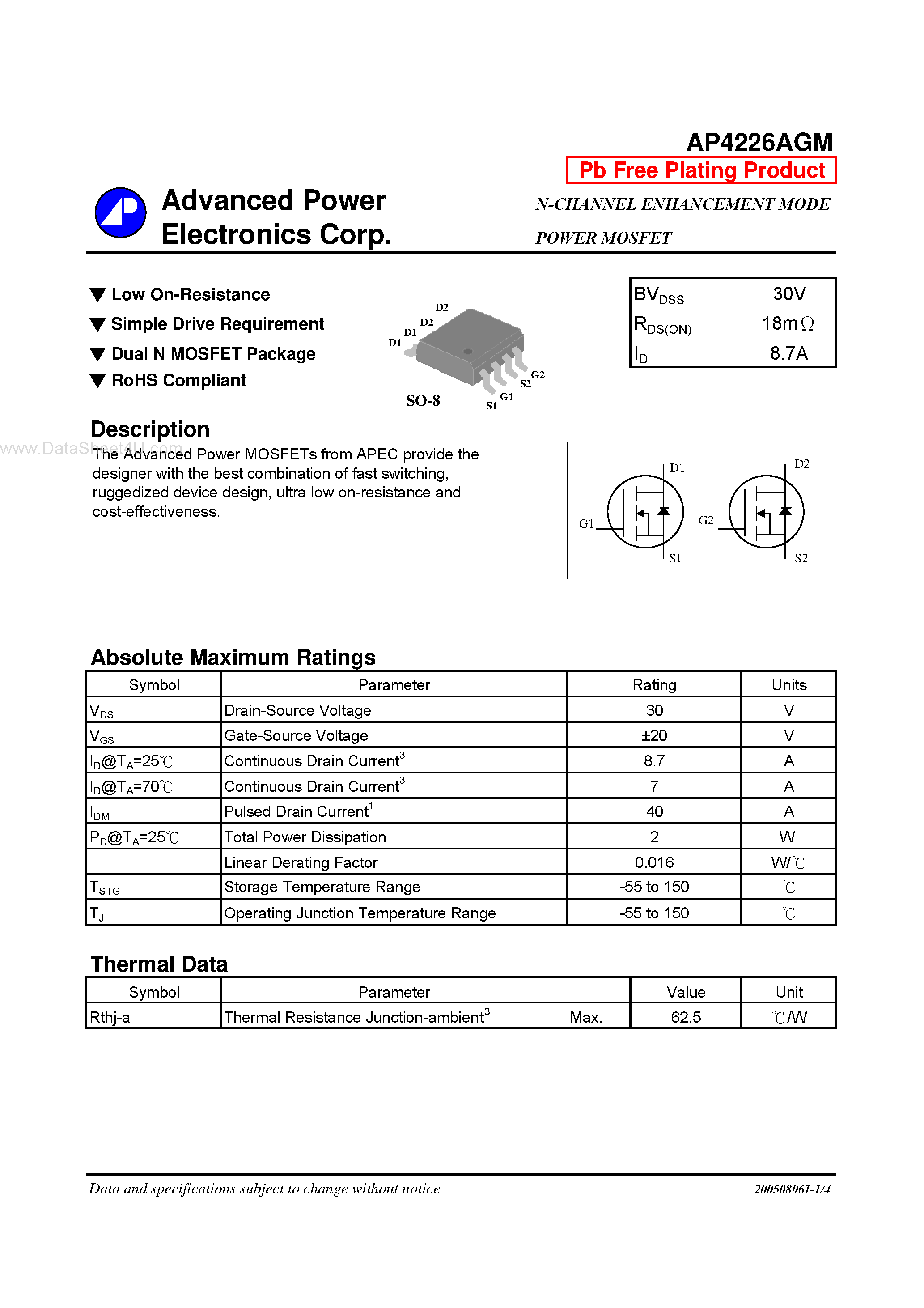 Datasheet AP4226AGM - N-CHANNEL ENHANCEMENT MODE POWER MOSFET page 1