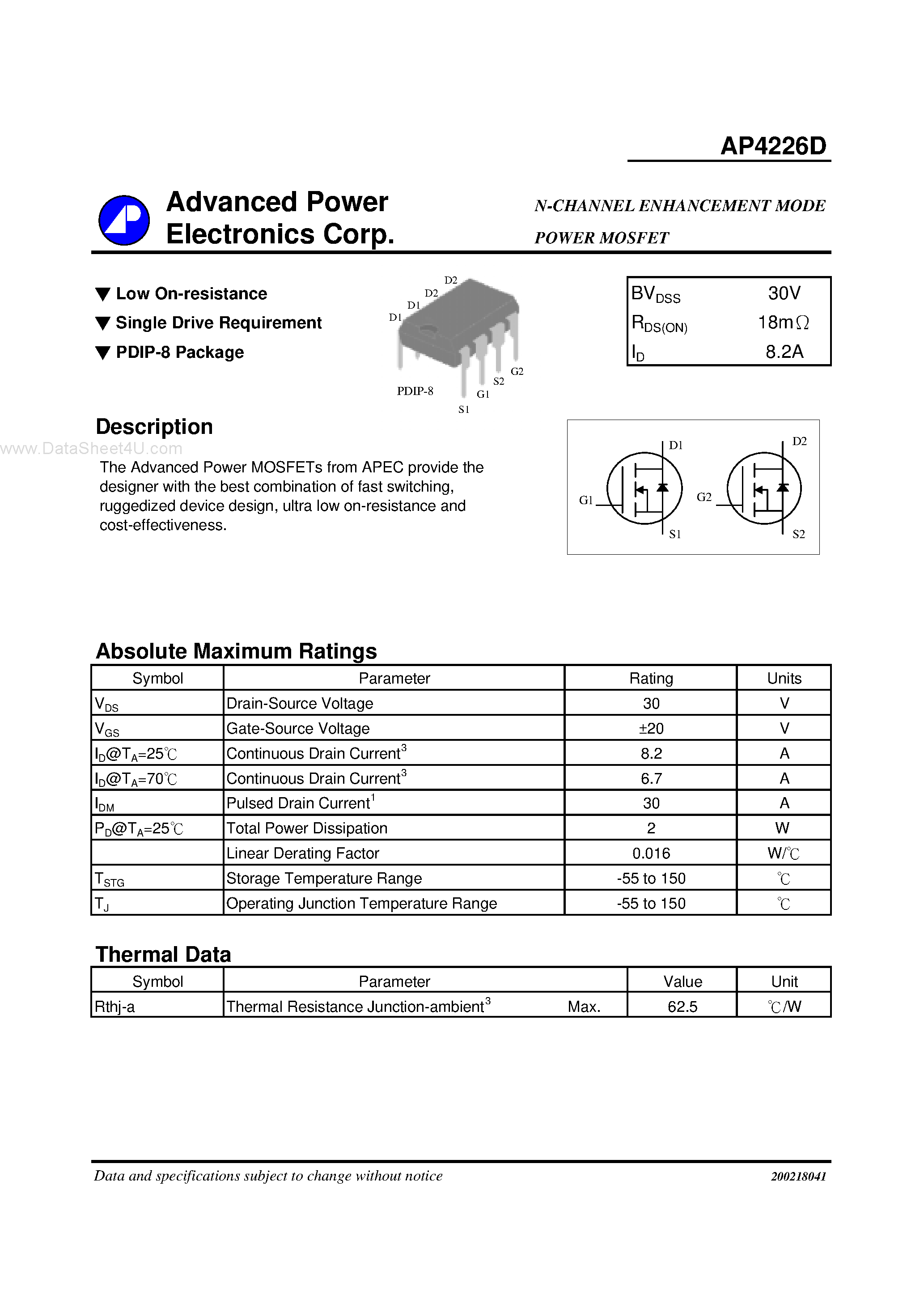 Datasheet AP4226D - N-CHANNEL ENHANCEMENT MODE POWER MOSFET page 1