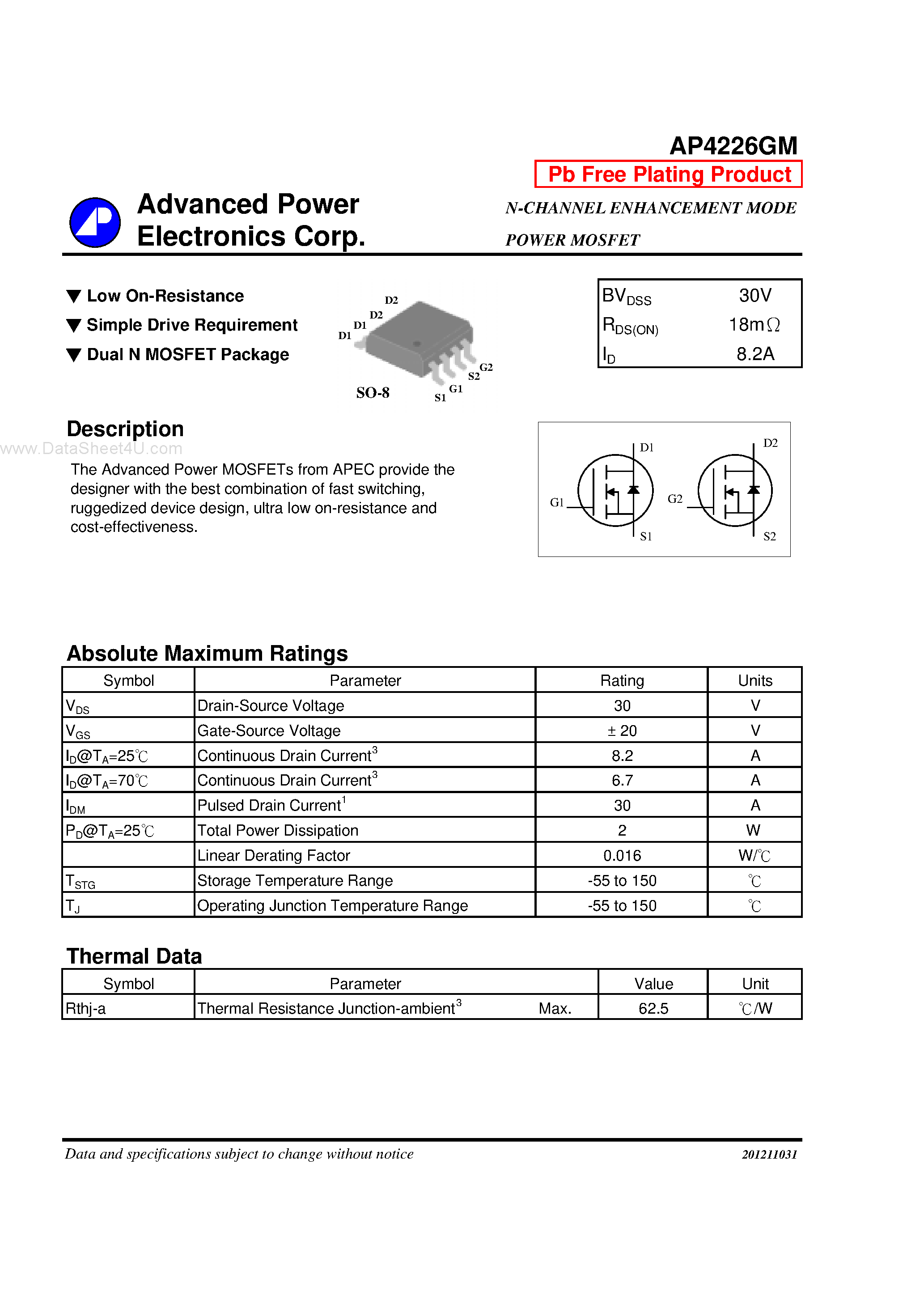 Datasheet AP4226GM - N-CHANNEL ENHANCEMENT MODE POWER MOSFET page 1