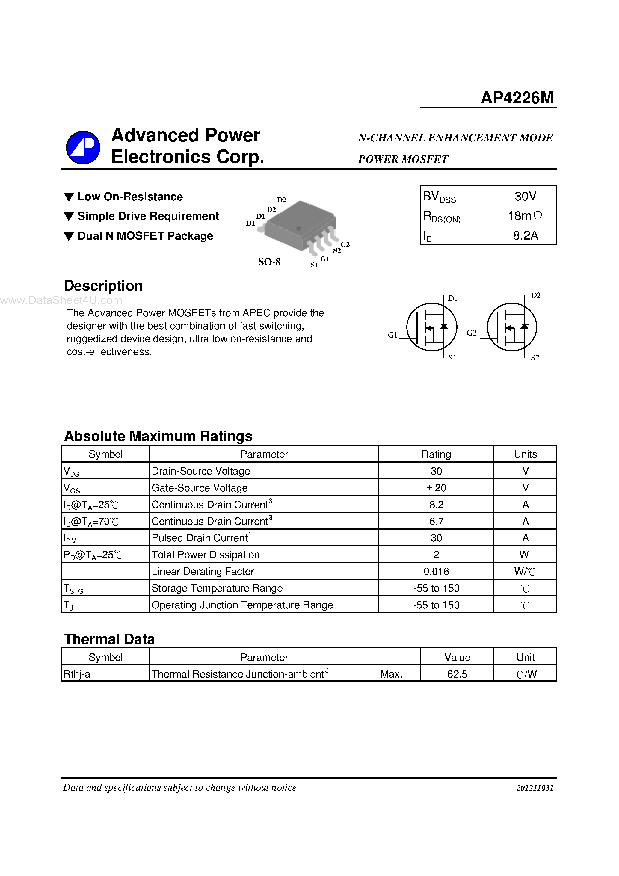 Datasheet AP4226M - N-CHANNEL ENHANCEMENT MODE POWER MOSFET page 1