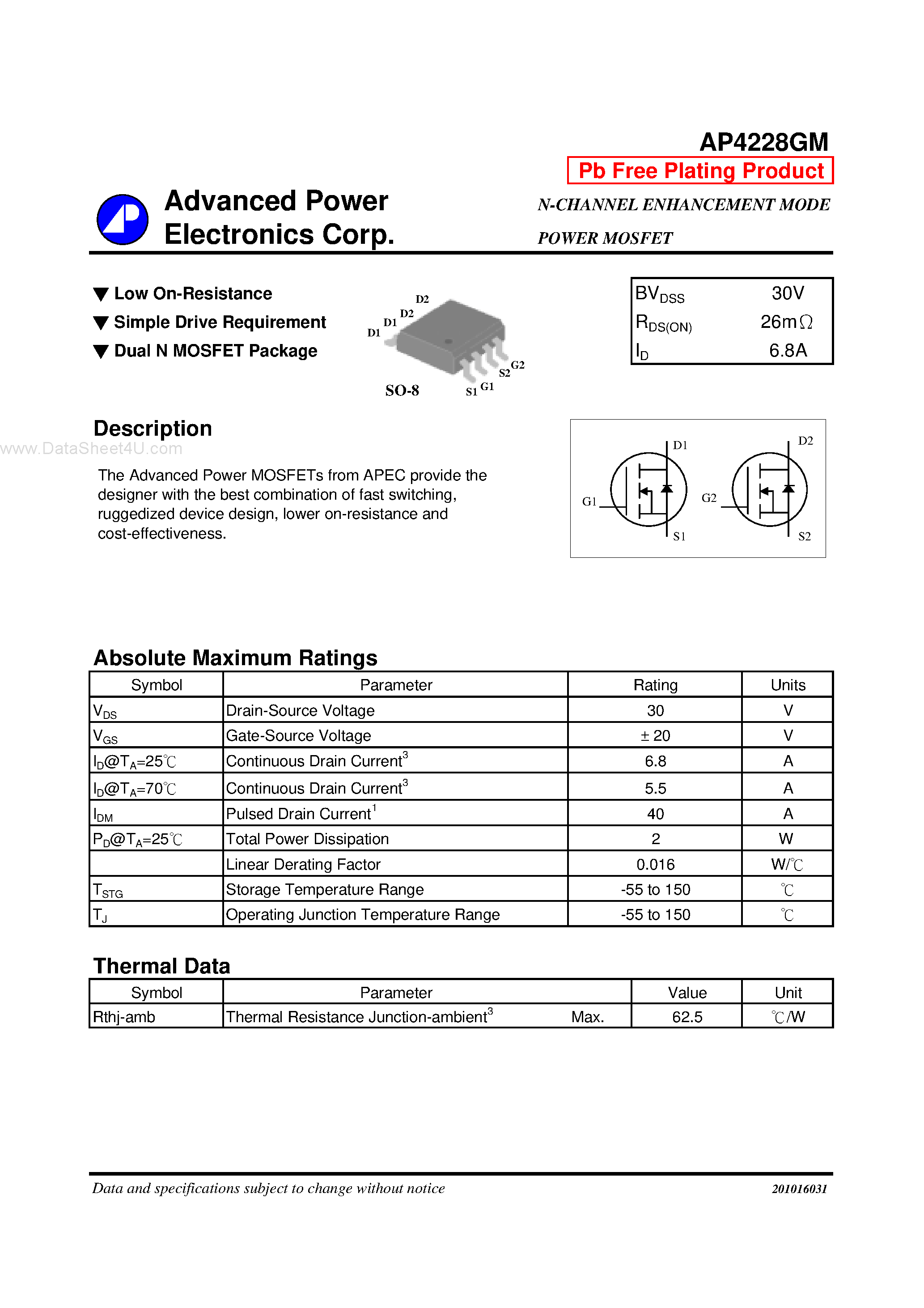 Datasheet AP4228GM - N-CHANNEL ENHANCEMENT MODE POWER MOSFET page 1